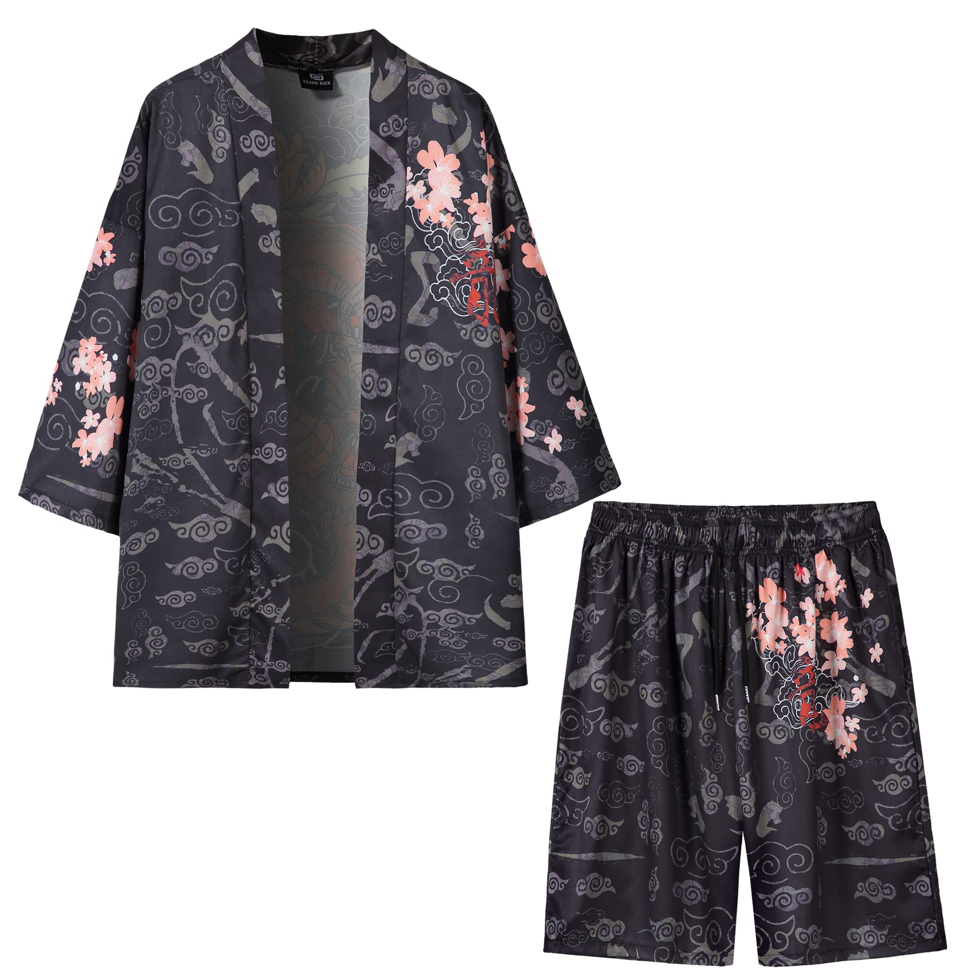 PRIJOUHE Mens Kimono Set Japanese Haori &amp; Shorts 2 Piece Summer Outfits