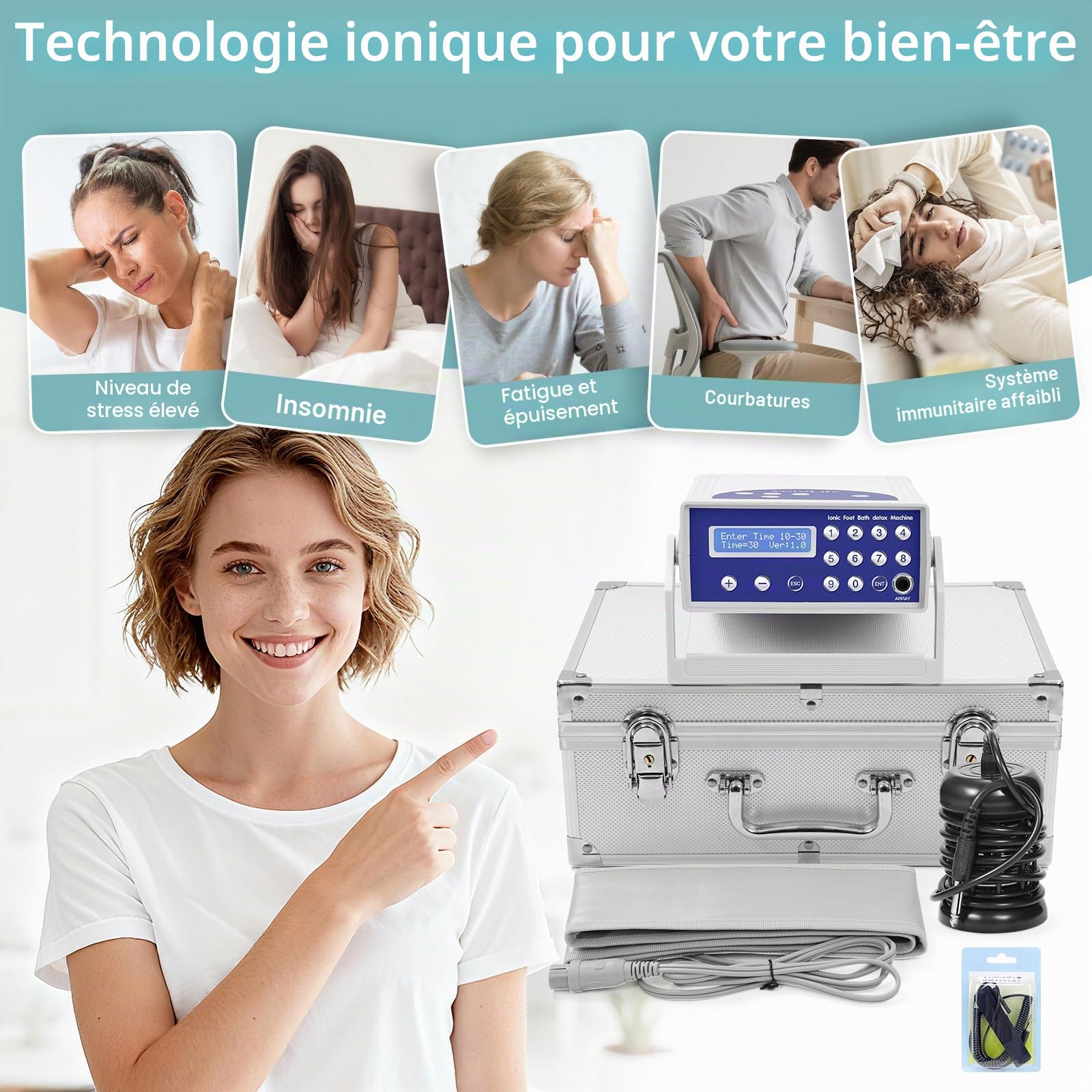 Bain de pieds ionique détox dans une mallette en aluminium, bain de pieds détox avec ceinture abdominale infrarouge, amélioration de la circulation sanguine et du sommeil (sans bassin)