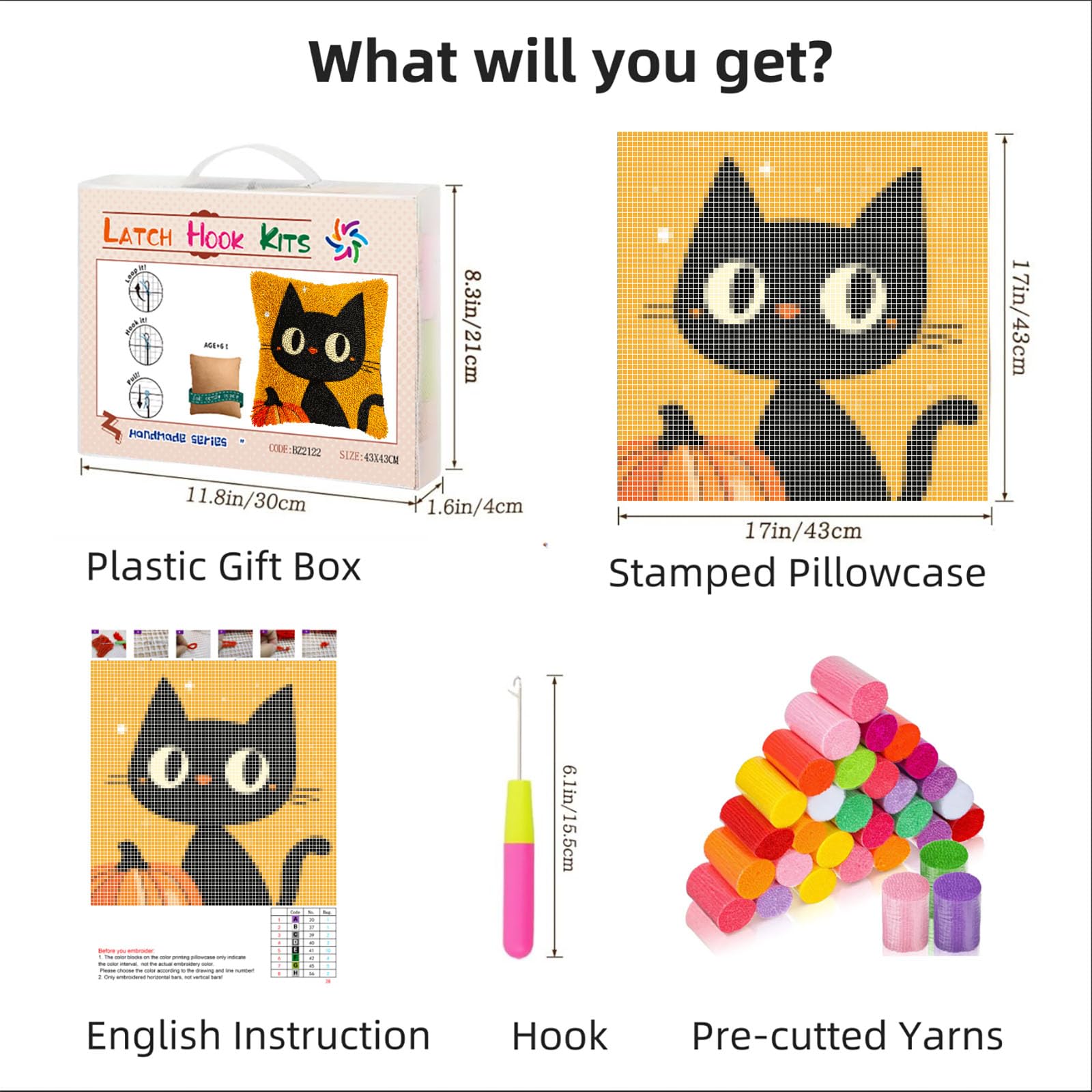 Latch Hook Pillow Kits for Adults Cartoon Cute Happy Halloween Black Cat DIY Pillow Cover Printed Pillowcase Crochet Yarns Hooking Handmade Cushion for Home Sofa Decor 17x17inch(16)