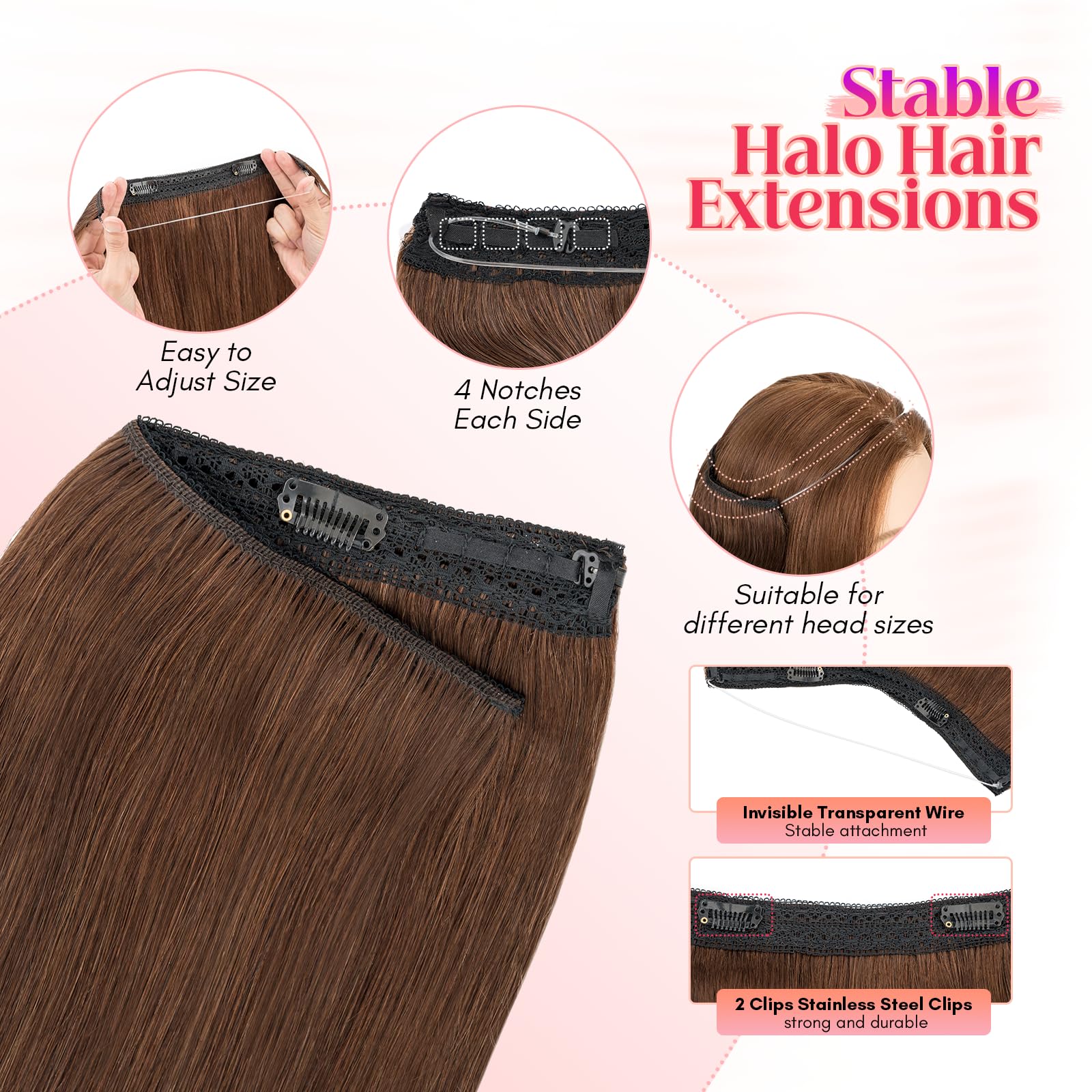 Rich Choices Clip in Hair Extensions Real Human Hair Halo 18 Inch Halo Hair Extension Invisible Wire Hair Straight Remy Seamless One Piece Clips in Hair - Image 4