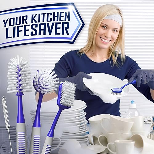 Miniatura 7 de Juego de 4 cepillos para platos con cepillo de agua para botellas, cepillo para fregar platos, cepillo para limpiar platos, cepillo de limpieza y