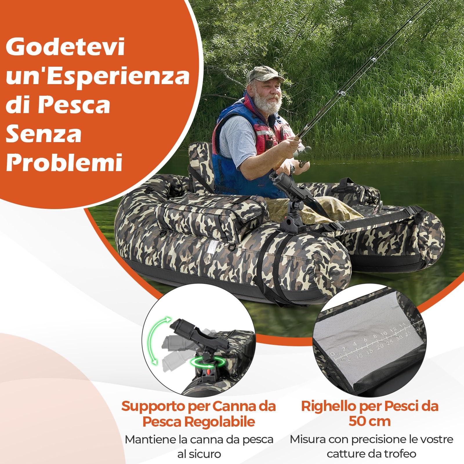 GYMAX Galleggiante da Pesca Gonfiabile, Barca da Pesca Portatile con Spallacci Regolabili, Pompa Manuale, Pagaia, Pinne, Portacanne, Misuratore di Pesce, Spazio di Archiviazione