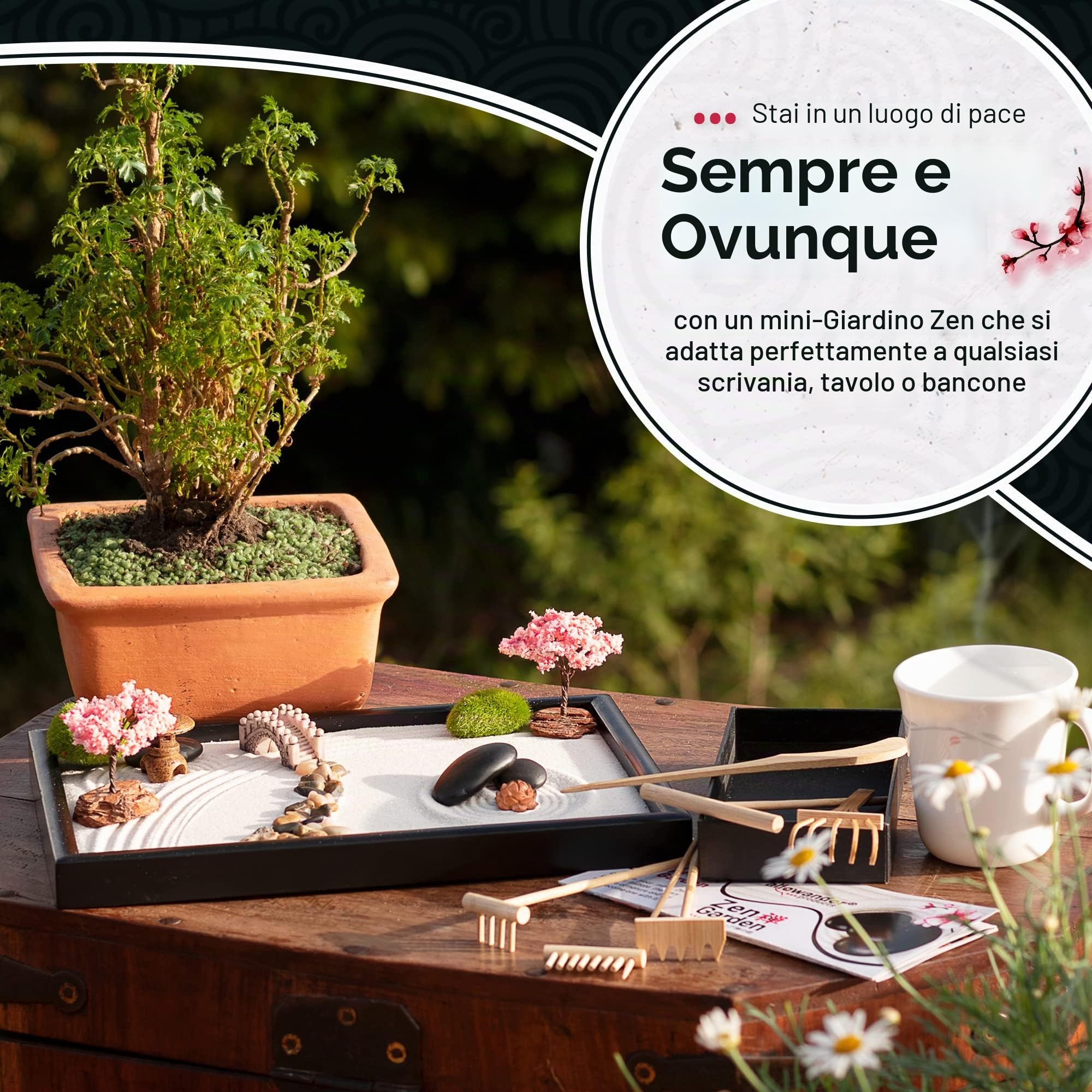 Zen Garden Kit per scrivania 30,5 x 20,3 cm, set regalo giapponese 14 accessori e 6 strumenti, mini giardino zen da meditazione, giardino di sabbia zen, decorazioni per la casa e l'ufficio, kit