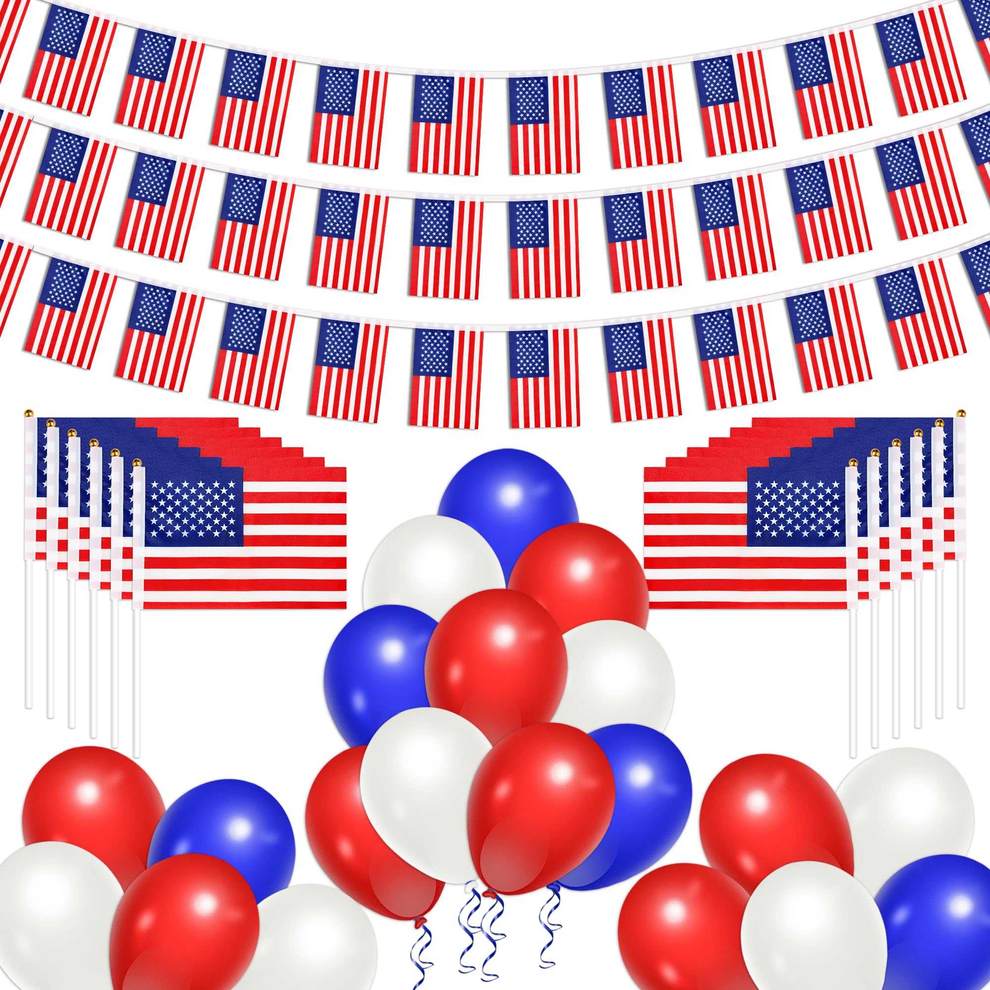 Funnlot American Flags Set for 4th July Decorations, American Flag Bunting, 12 Handheld USA Flags with Balloons for 4th of July Party Decorations, Independence Day Decoration