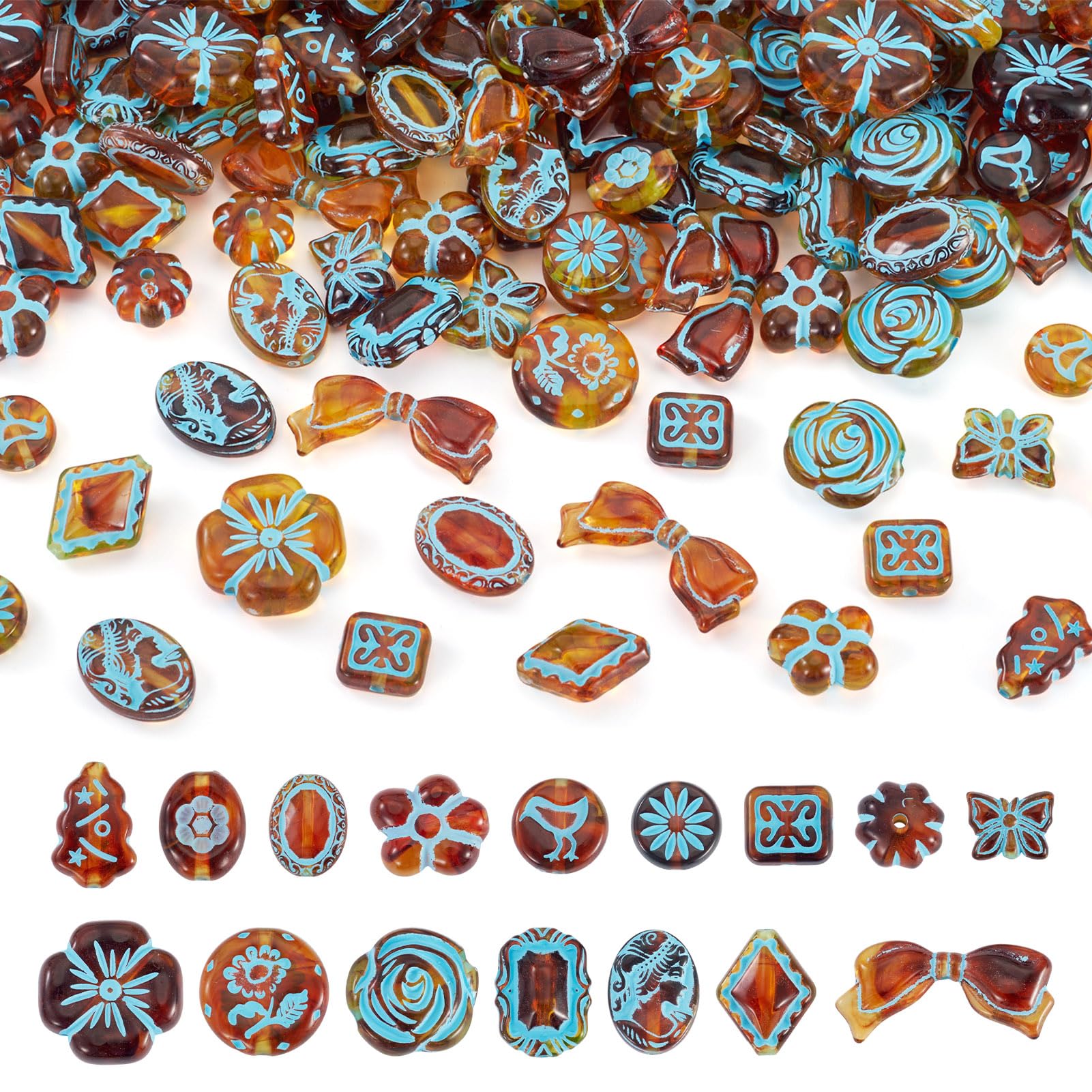 Spritewelry 160Pcs Painted Acrylic Assorted Beads Rhombus Oval Flower Vintage Acrylic Czech Beads for Jewelry Necklace Bracelet Making