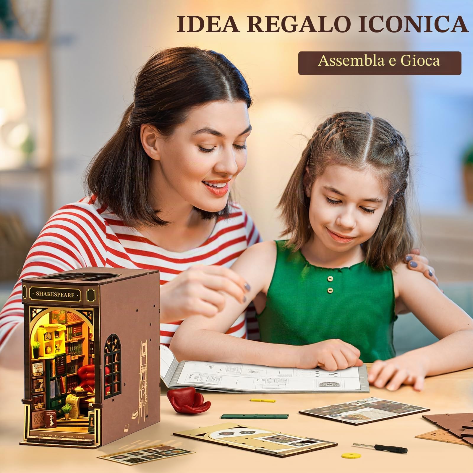ROBOTIME Book Nook Kit Casa Delle Bambole Booknook in Legno con Luci LED, Miniatura Fai Da Te Modello di Casa Puzzle 3D, Decorazione Scaffale Regalo Di Vacanza (Libreria Shakespeariana)