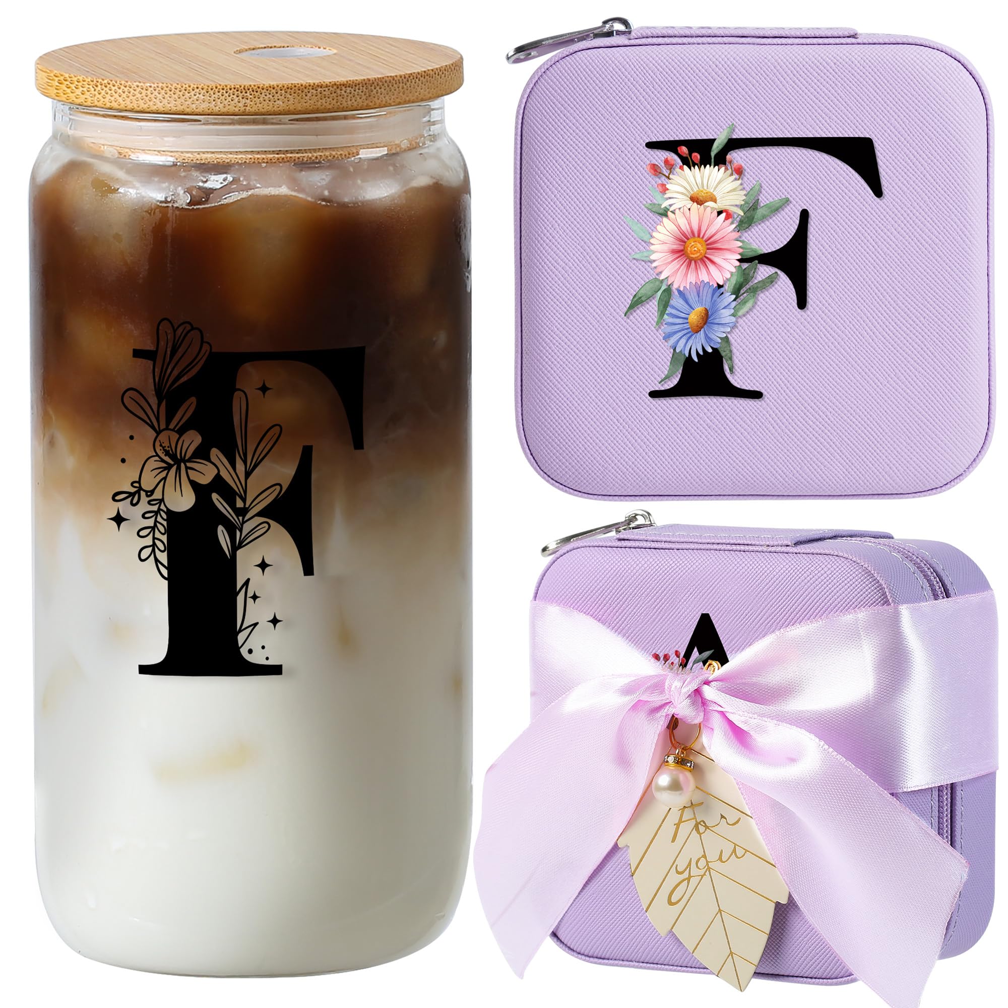AYGXU Bridesmaid proposal gifts,Travel Initial Jewelry Box for Girls,Travel Jewelry Case,Initial Glass Cup,Cute Tumbler Cup,Small Jewelry Organizer for Teen Girls Gifts,Initial F purple