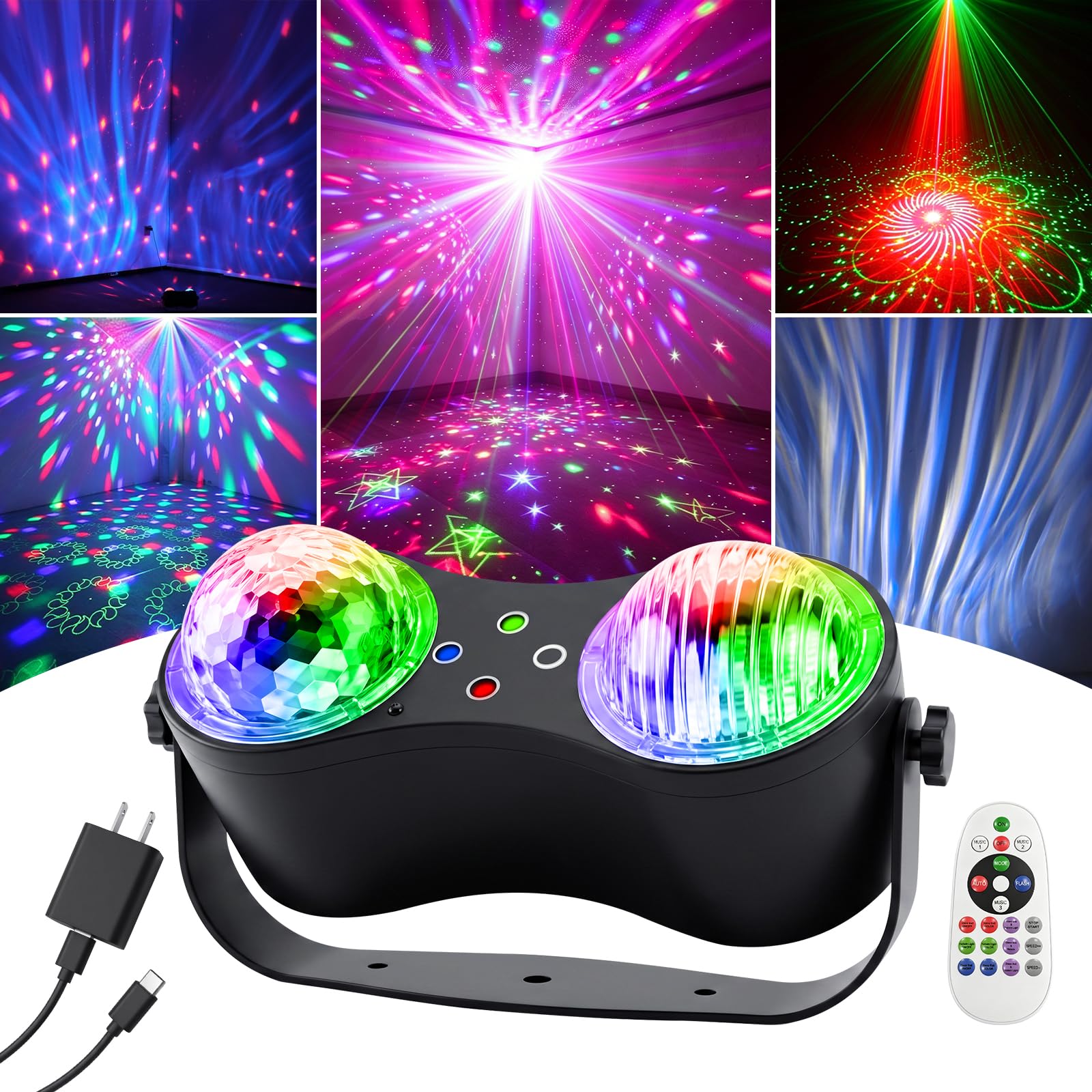 Discokugel Partylicht, 3 in 1 Bühnenlicht mit fließendem Nebel Aurora Effekt und dynamischen roten & grünen Strahlen, Soundaktivierte Stroboskoplicht mit Fernbedienung für Zuhause Karaoke Zimmer