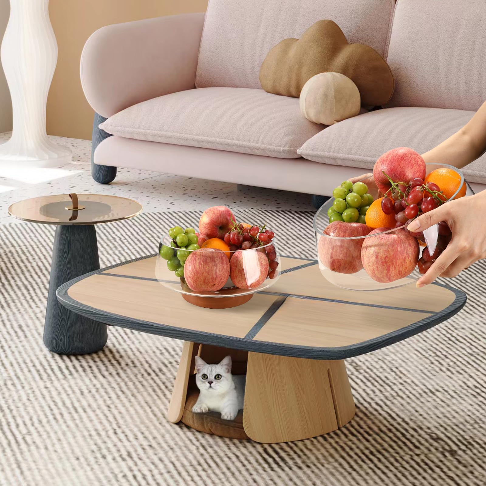 Juego de ensaladera de vidrio con servidores de base de madera, cuencos de ensalada soplados a mano extra grandes para la cocina, tazón grande para servir y tazón de vidrio pequeño y tazón 5