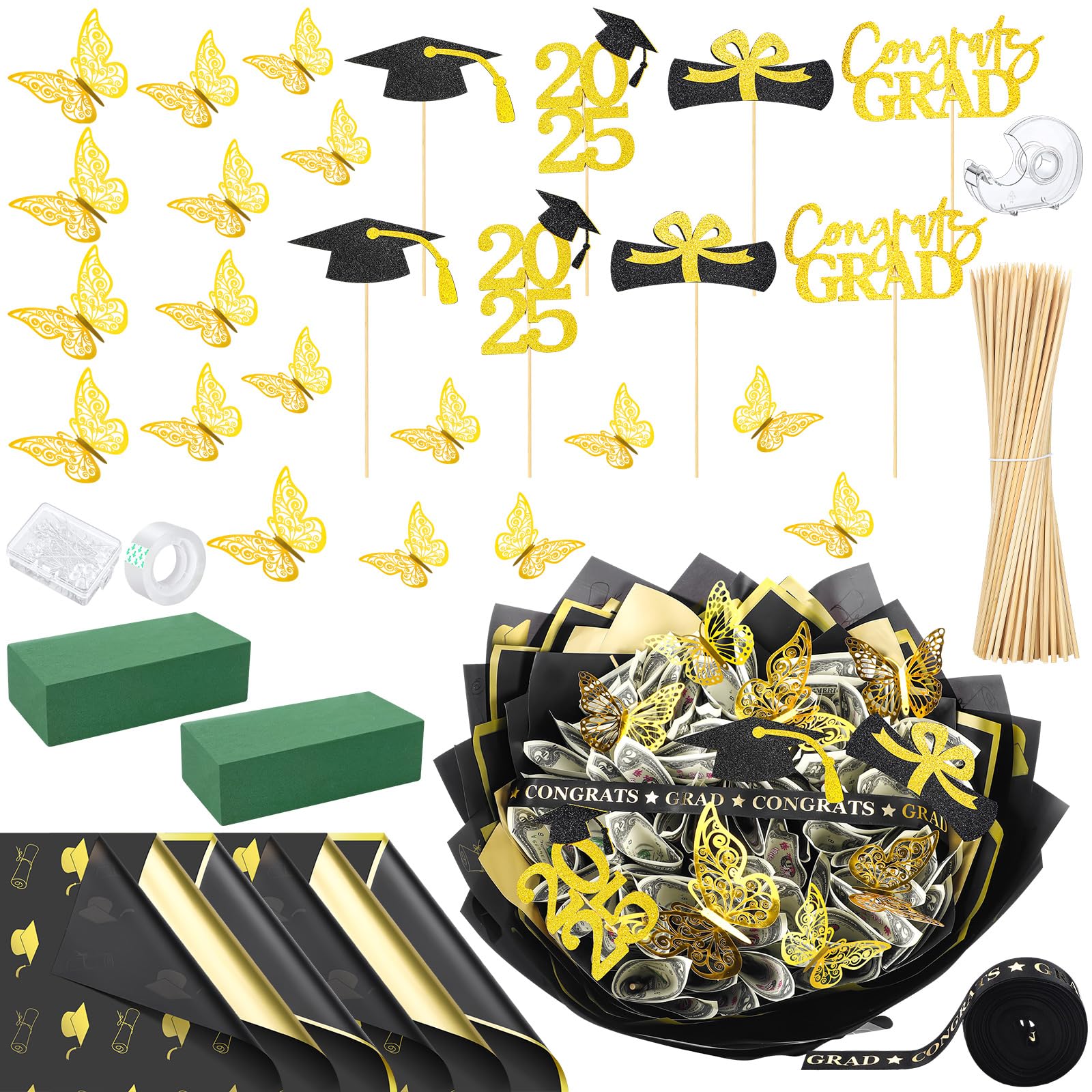 Colingmill Graduation Money Bouquet Kit 30 Sheet Flower Wrapping Paper 100 Pcs Skewers Floral Butterflies Rhinestone Pin Foam Blocks Ribbons Greeting Cards for DIY Congratulation Graduate Gift