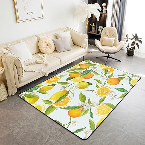Juego de alfombras decorativas de limón, alfombra de verano con frutas tropicales, 5 x 7 pies, para niños y niñas, decoración floral de limón,