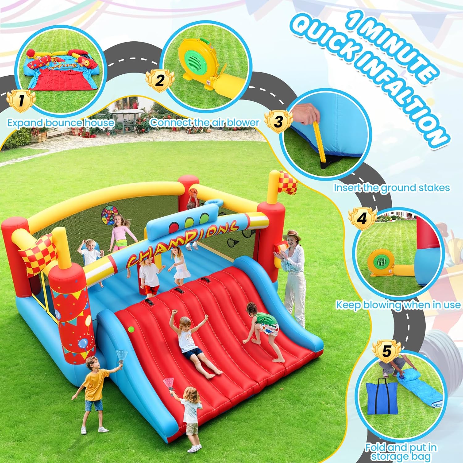 AKEYDIY Big Inflatable Bounce House for Big Kids, Blow up Extra-Wide Slide/Climbing Racing Themes Play Center for Part - Backyard Obstacle Jump Bouncy Castle w/Blower Gift Family Fun (XL Bounce House)