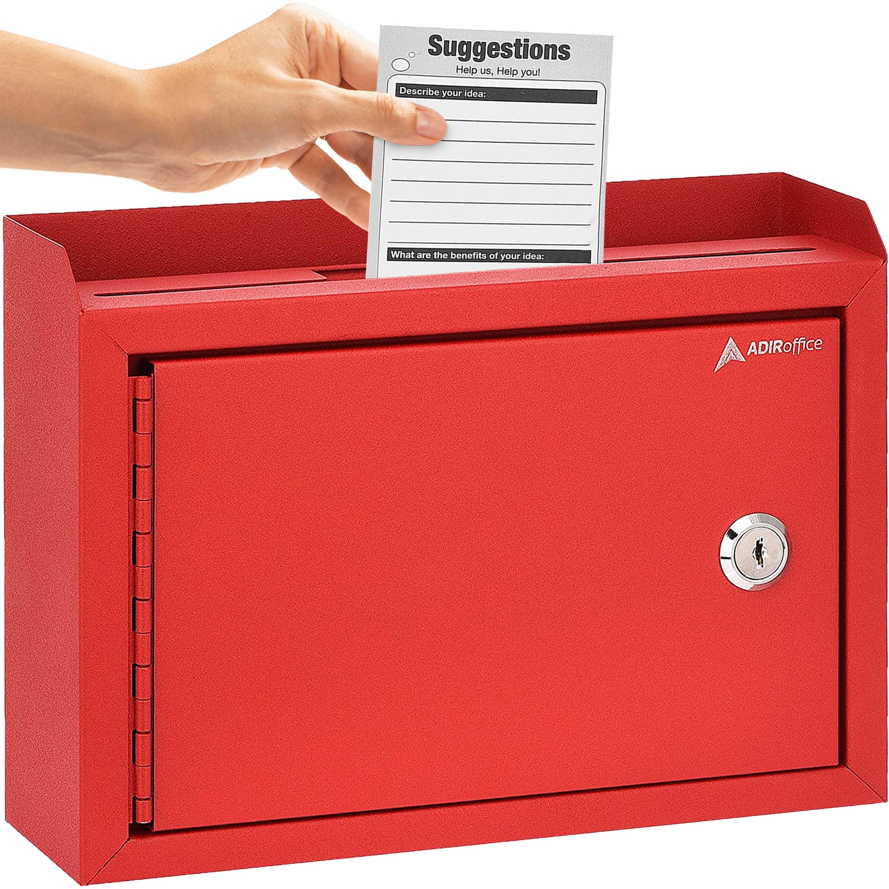 AdirCorp. Wall Mountable Steel Suggestion Box with Lock - Donation Box - Collection Box - Ballot Box - Key Drop Box, 9.75x 7X 3 - Red