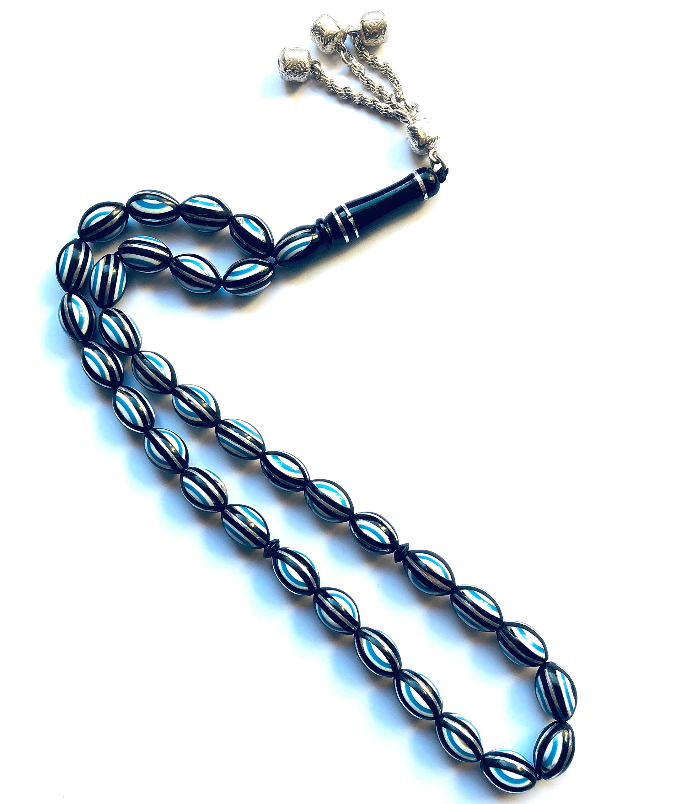 Islamic Islamic Prayer Beads-Worry Beads Sterling Silver, Kuka, Sinai  Turquise Camel Bone Inlay Tasbih Prayer Beads komboloi-Bead 14 mm -Masbaha