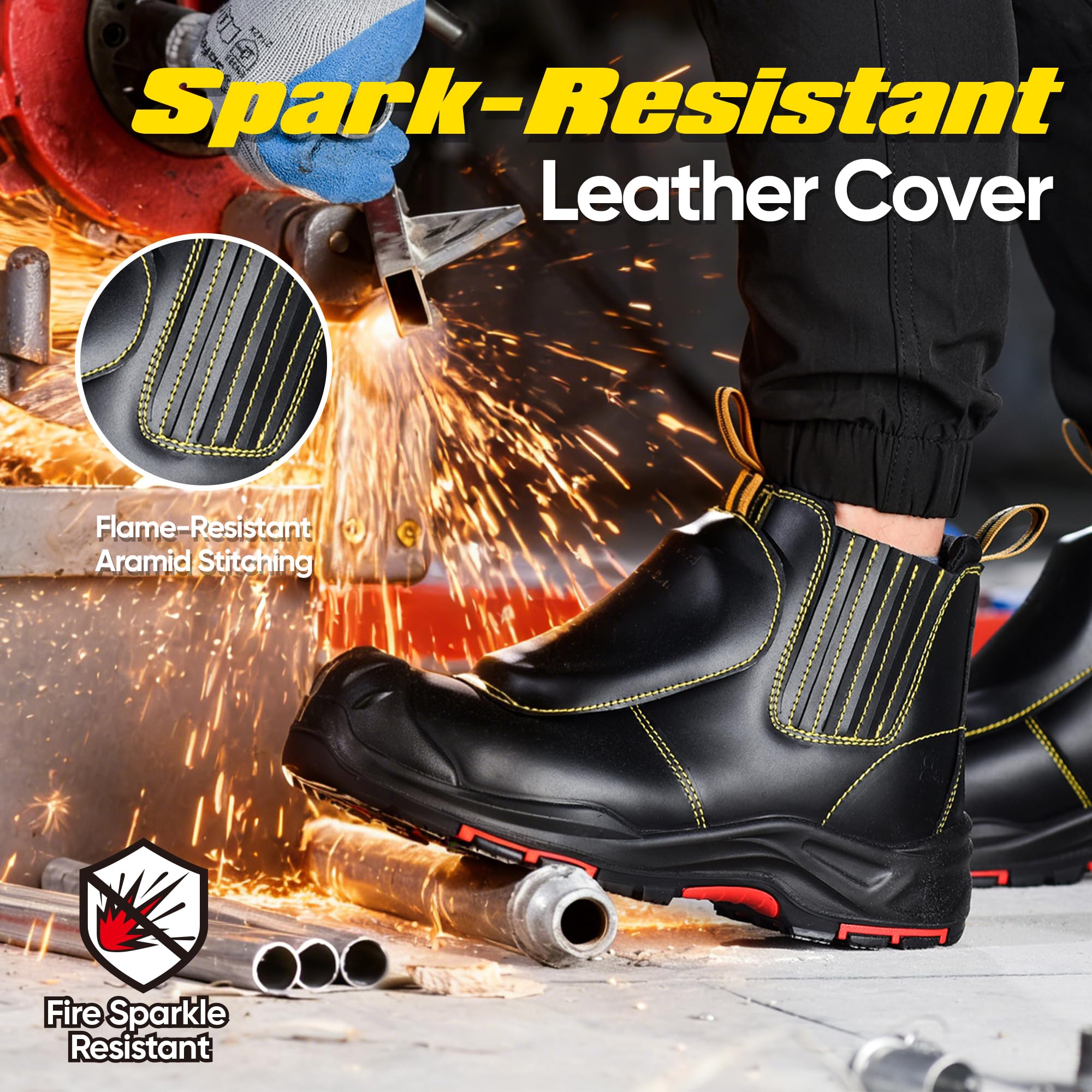SAFETOE Botas de soldadura para hombre, punta compuesta, botas de seguridad con protección metatarsiana, resistentes al fuego, botas de soldadura resistentes al calor 300 ℃, botas de trabajo para