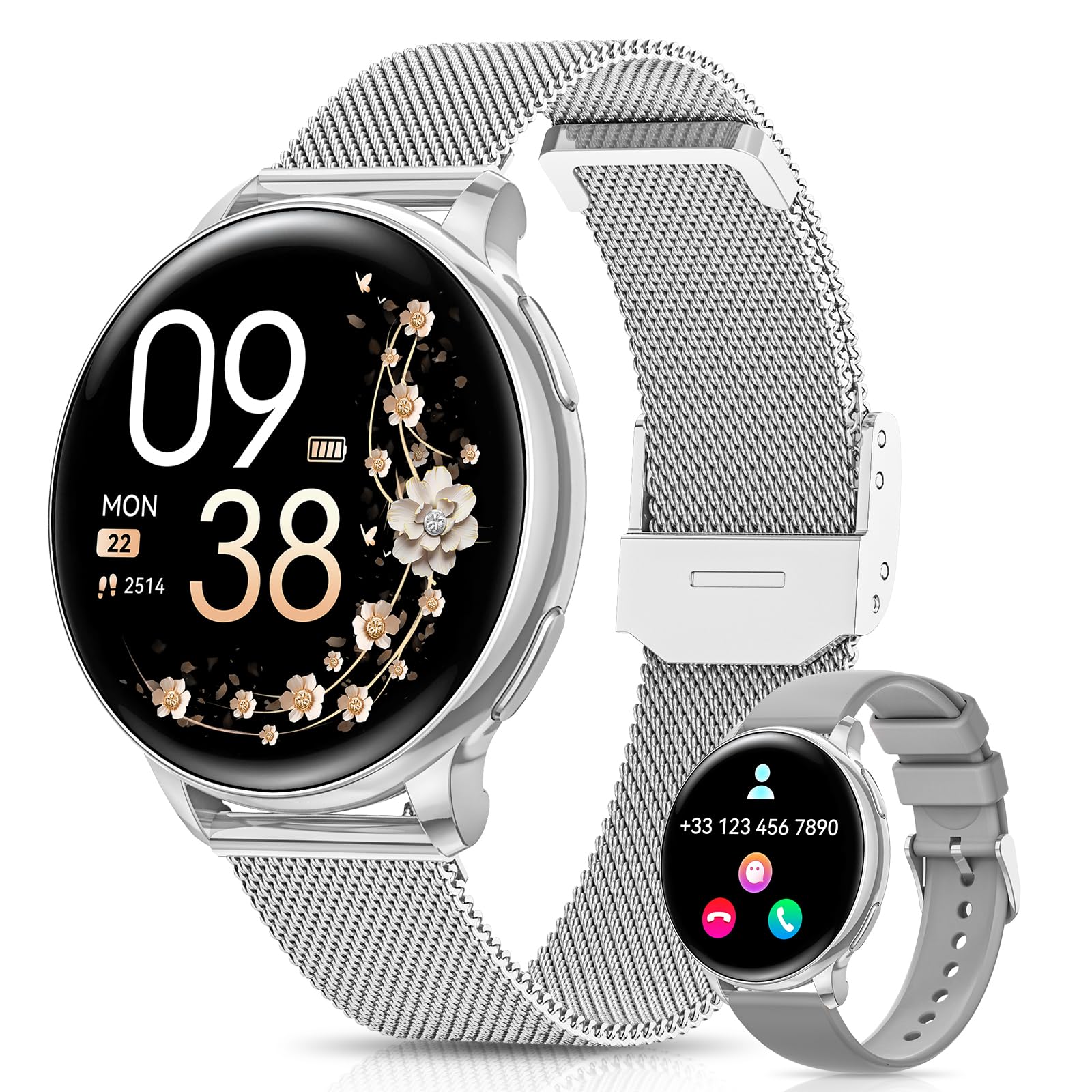 Reloj Inteligente Mujer, 1,27” HD Smartwatch Mujer con Llamadas, Función Femenina, 120+ Modos Deportivos, 24H Pulsómetro, 24H SpO2, Sueño, Calorías, Podómetro, IP68 iOS Android Plata