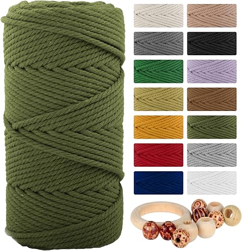 Munzong - Cuerda de algodón de macramé de 0.197 in x 109 yardas, 4 hebras, cuerda de algodón torcida natural hecha a mano color verde oscuro de 4