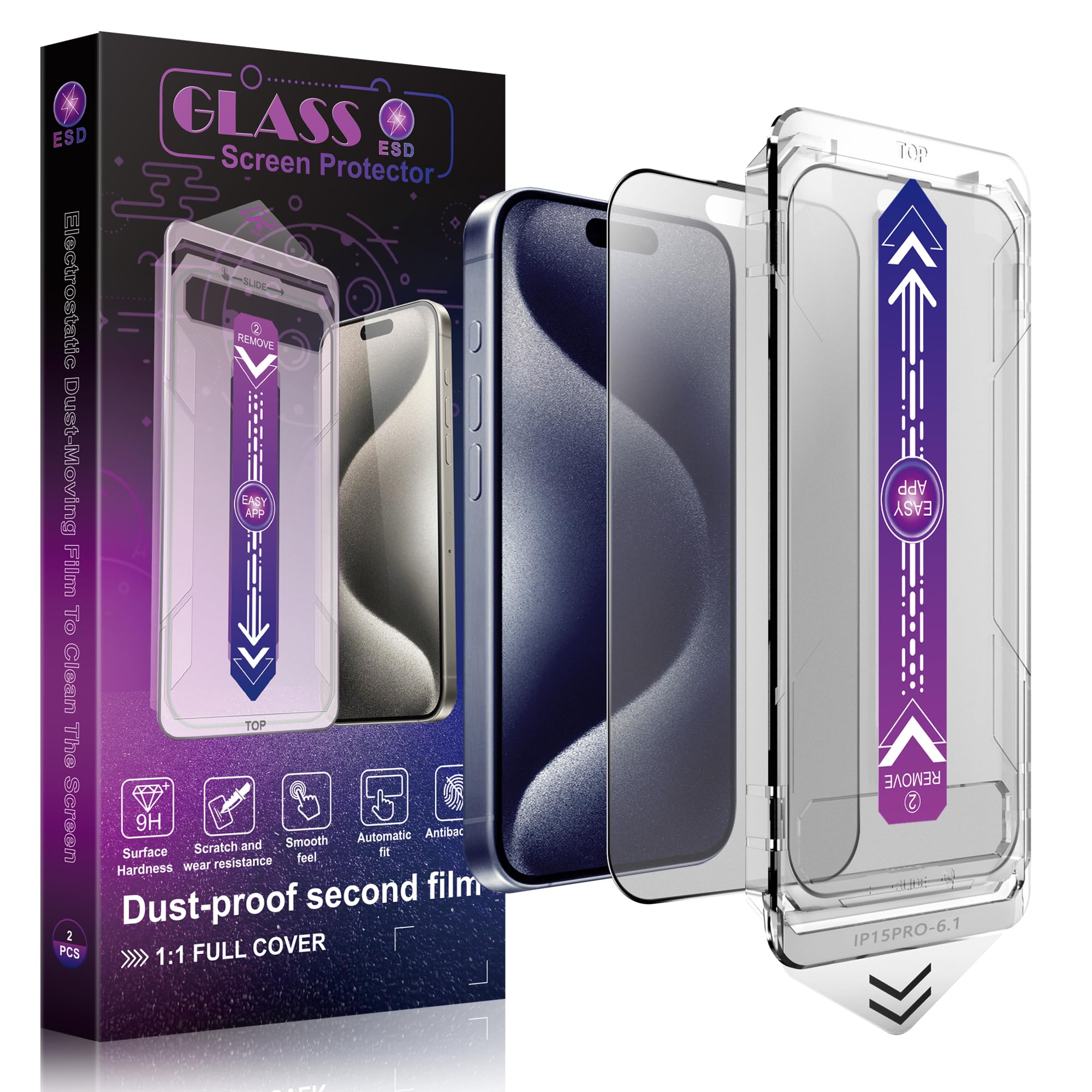 SHANG PIN JIA 2 Pack Matte Screen Protector for iPhone 15 Pro 6.1-Inch Auto Dust Removal, No Bubbles, Tempered Glass Film, Easy Installation