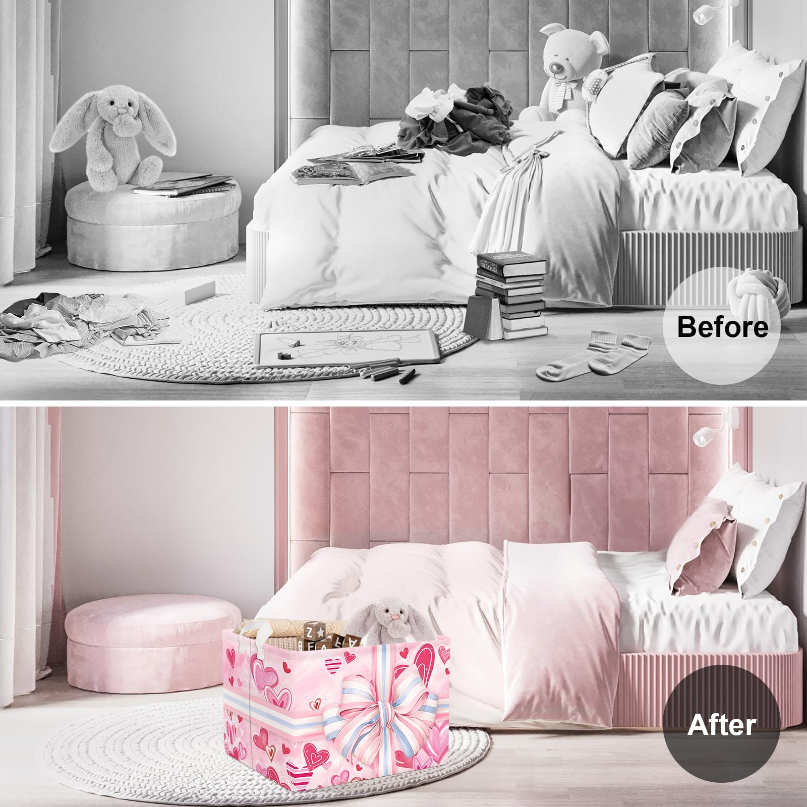 Clastyle Ribbon Bow Baby Gift Box Basket Heart Kid Storage Basket Girl Laundry Hamper Collapsible Clothes Organizer Nursery Bin for Bedroom, Pink, 40 * 30 * 30 cm