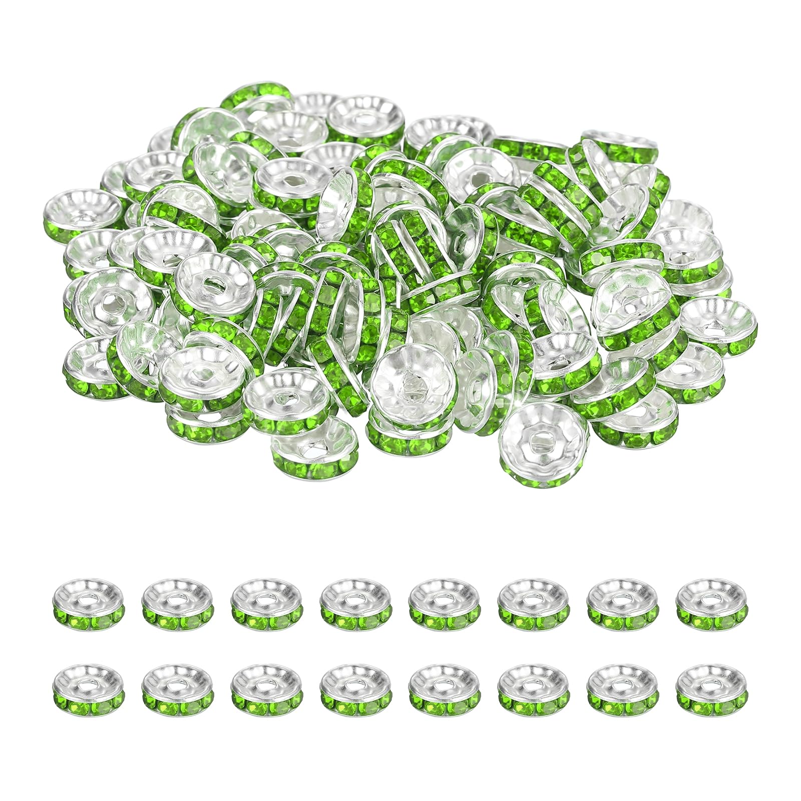 PATIKIL 10mm Rondelle Spacer Bead, 200 Pcs Crystal Rhinestone Loose Bead Spacers for Jewelry Making, DIY Bracelets, Necklace, Silver/Light Green