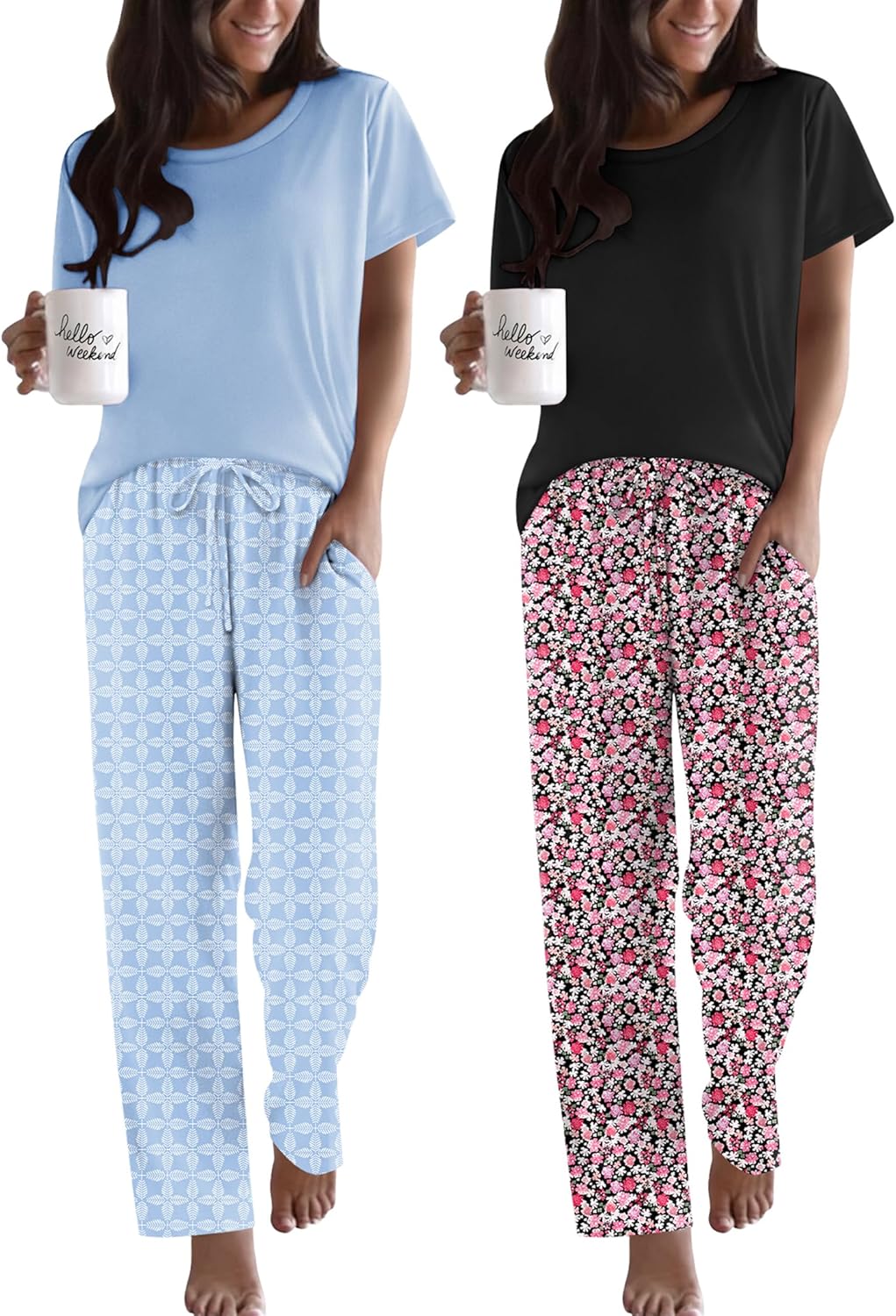 Ekouaer 2 Pack Pajamas for Women Set Short Sleeve Sleepwear Top and Pants Pjs Soft Printed Lounge Sets with Pockets