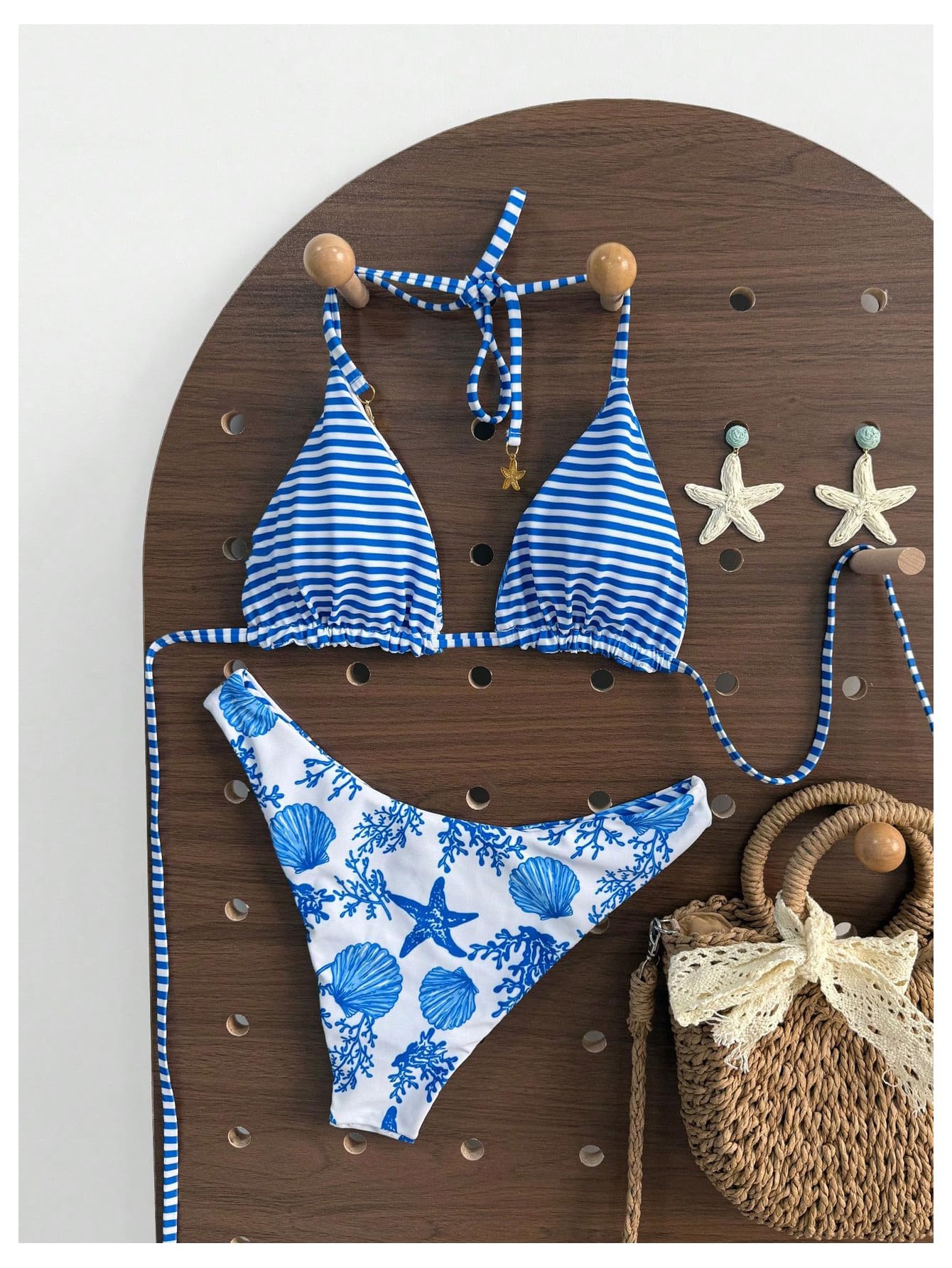 Damski Dwuczęściowy Zestaw Bikini W Paski Kwiaty Wiązany Na Szyi Stringi Strój Kąpielowy Wysoko Wycięty Kostium Różowy I Fioletowy Średni