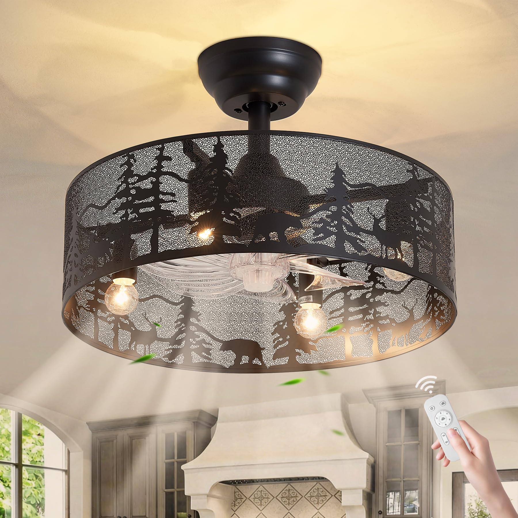 Merexcint 18 inch rustic ceiling fan with light and remote control, black round ceiling fan with farm cage, silent reversible motor, classic ceiling fan