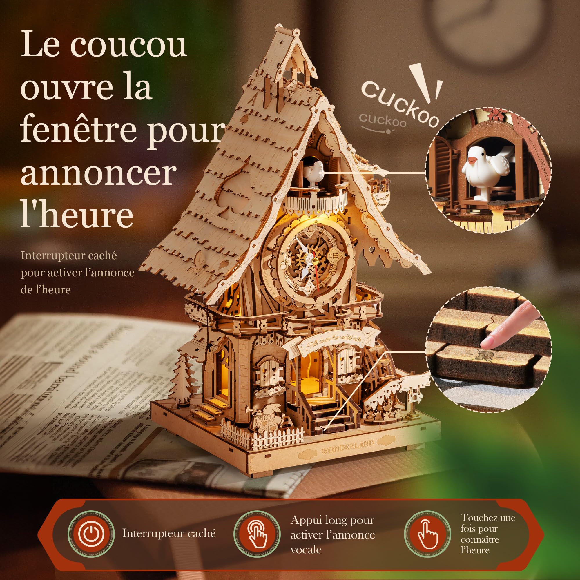 ROBOTIME Puzzle 3D Horloge à Coucou en Bois pour Adultes,Kit de Modèle à Construire,Horloge Fonctionnelle avec Son du Coucou,Décoration Maison,Cadeau pour Adolescents&Adultes,LC901 (Couleur de Bois)