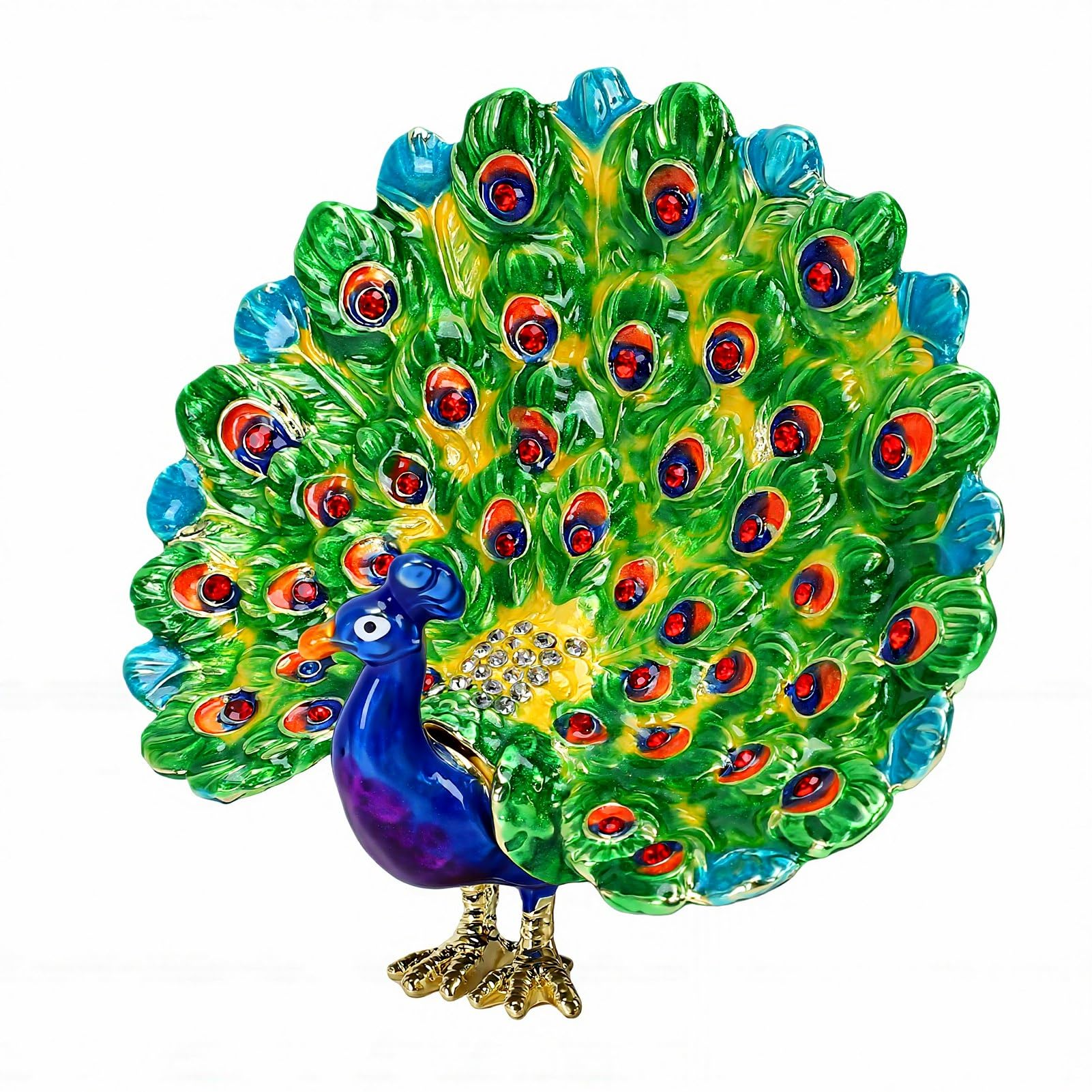 Jelquix Peacock Enamel Jewelry Box, Hand Painted Rhinestones Magnetism Closure Open Tail Design, Hinged Trinket Storage Organizer for Home Decor (Green)