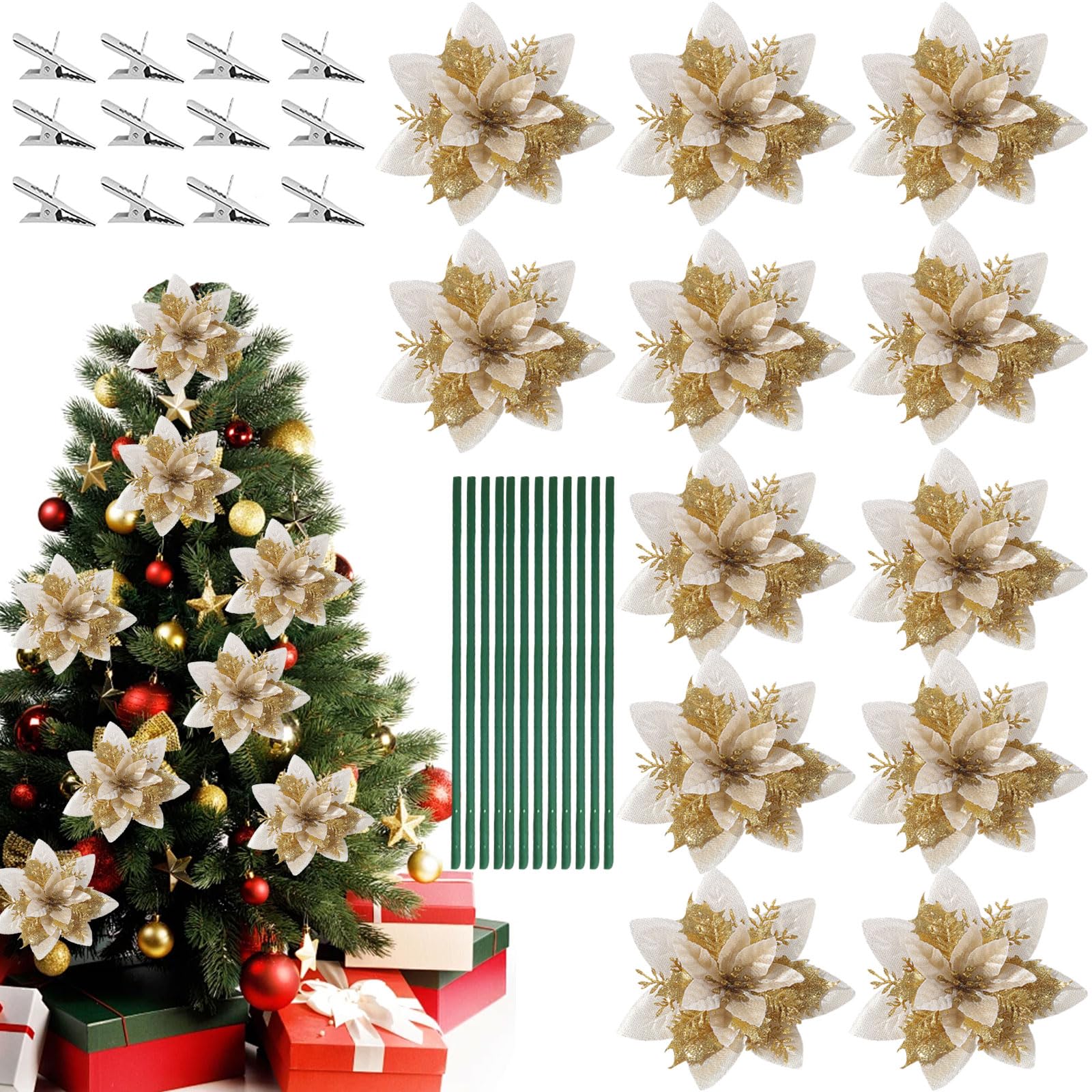 Adornos Arbol Navidad, 12 Piezas Flores Artificiales de Navidad, Flores de Navidad con Clip, Adornos para árbol de Navidad, Navidad Purpurina Flor de Pascua, Adornos de Flores para Arbol Navidad