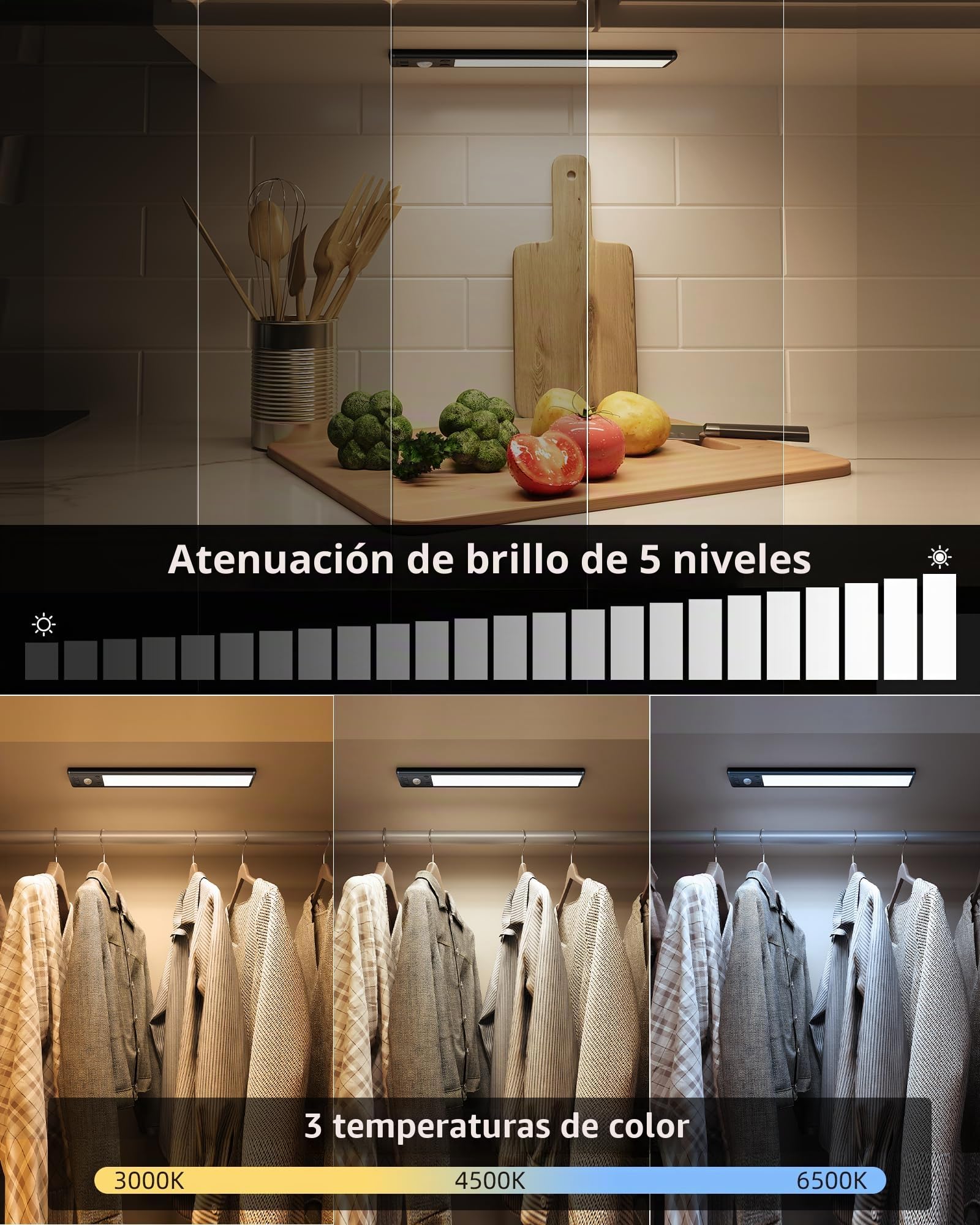 EZVALO 25 cm (2 Piezas) Luz LED para Armario con Sensor de Movimiento, 3 Temperaturas de Color, 1900 mAh Recargable, Luces LED Magnéticas para Bajo Mueble de Cocina, Dormitorio y Pasillo (Negro)