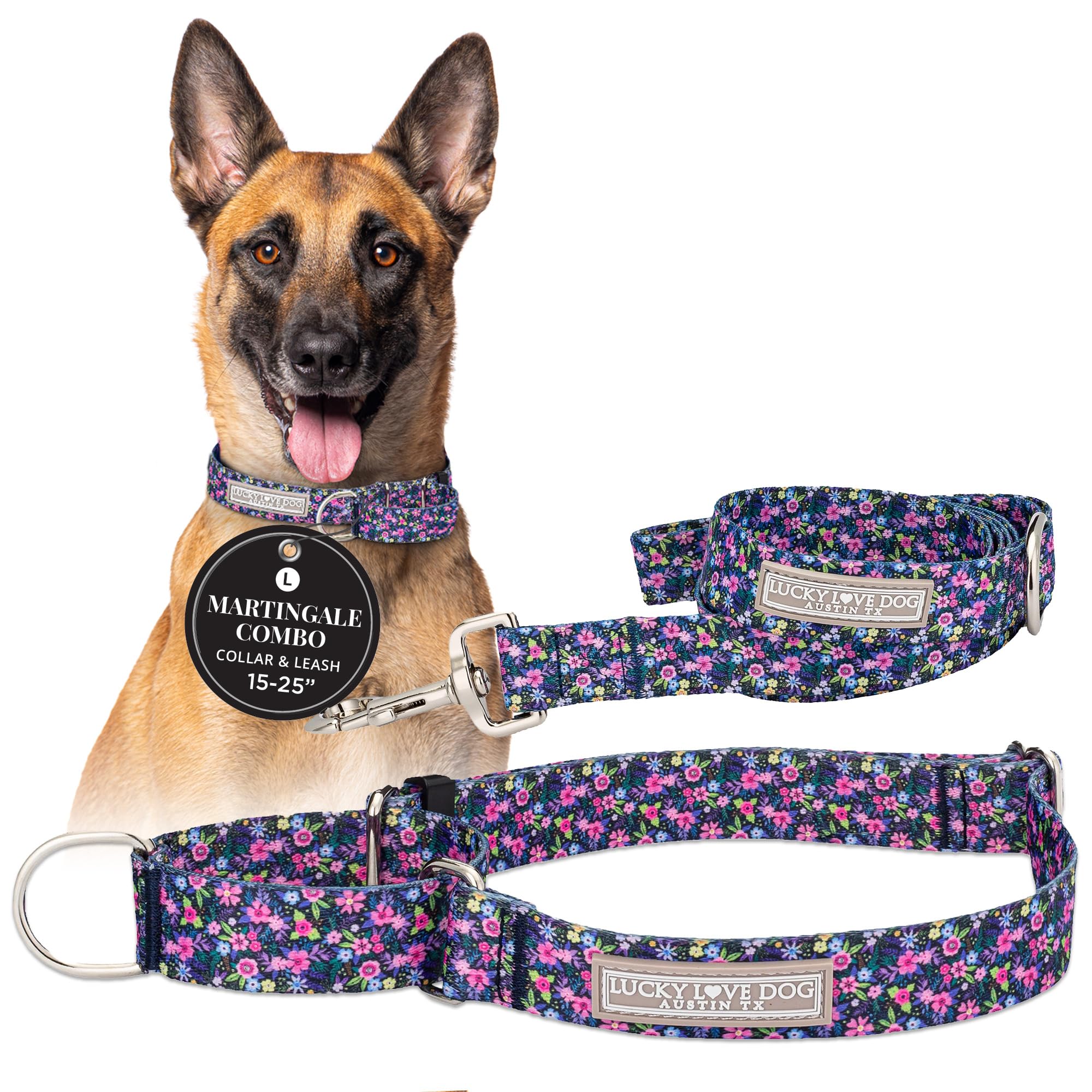 Lucky Love Dog Martingale Dog Collar & Leash - Adjustable, No-Slip, Durable, Comfortable, Soft Webbing, & Stylish Patterned Collar & Leash Set for