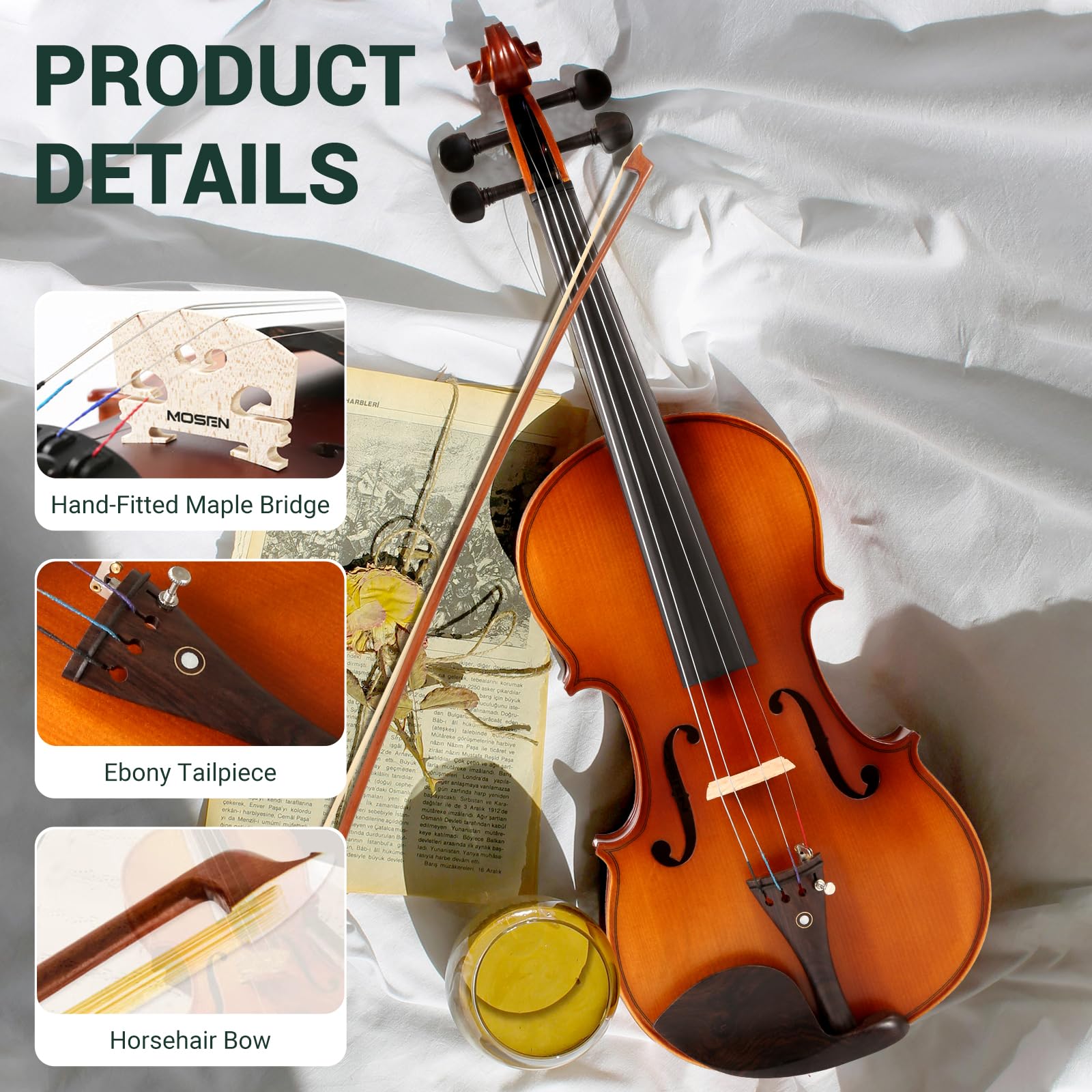 MOSEN 4/4 Full Size Massivholz Violine Violine Set für Anfänger mit Violinkoffer