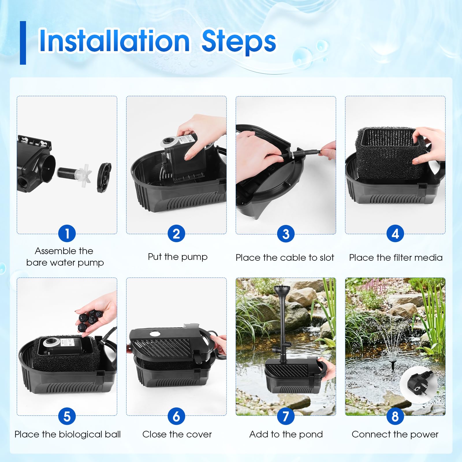 EXLECO Pompe de bassin d'extérieur avec filtre et kit de fontaine 2450 l/h 50 W - Pompe de fontaine - Filtre de bassin bio - Kit complet avec pompe - Système de filtration - Bassin - Pompe de ruisseau