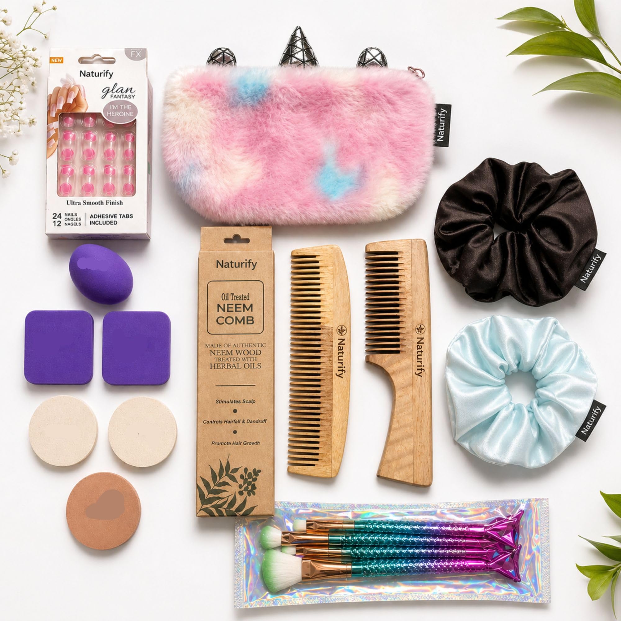 18 PCS Organic Makeup Kit for Kids, Preteens & Teen Girls | 100% Natural & Friendly | Includes Nail Pack & Fish Shape Makeup Brush,Neem Wood Comb,Scrunchies,Makeup Blender,Makeup Puffs, Makeup Pouch (Mini Hair & Grooming Kit, Assorted Colour)-image-24