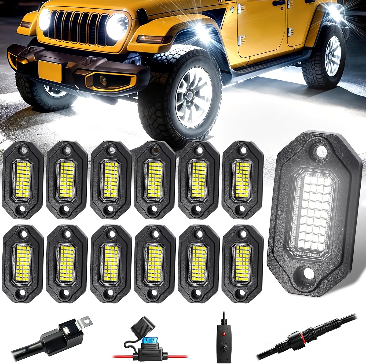 4 Pods Metal Aluminum Rock Lights Full Kit Plug and Play&Pre Wired 6500K Pure White with Switch Wiring Harness Fuse,432Chips IP68 Waterproof for Trucks Pickup SUV UTV ATV RZR Car Boats