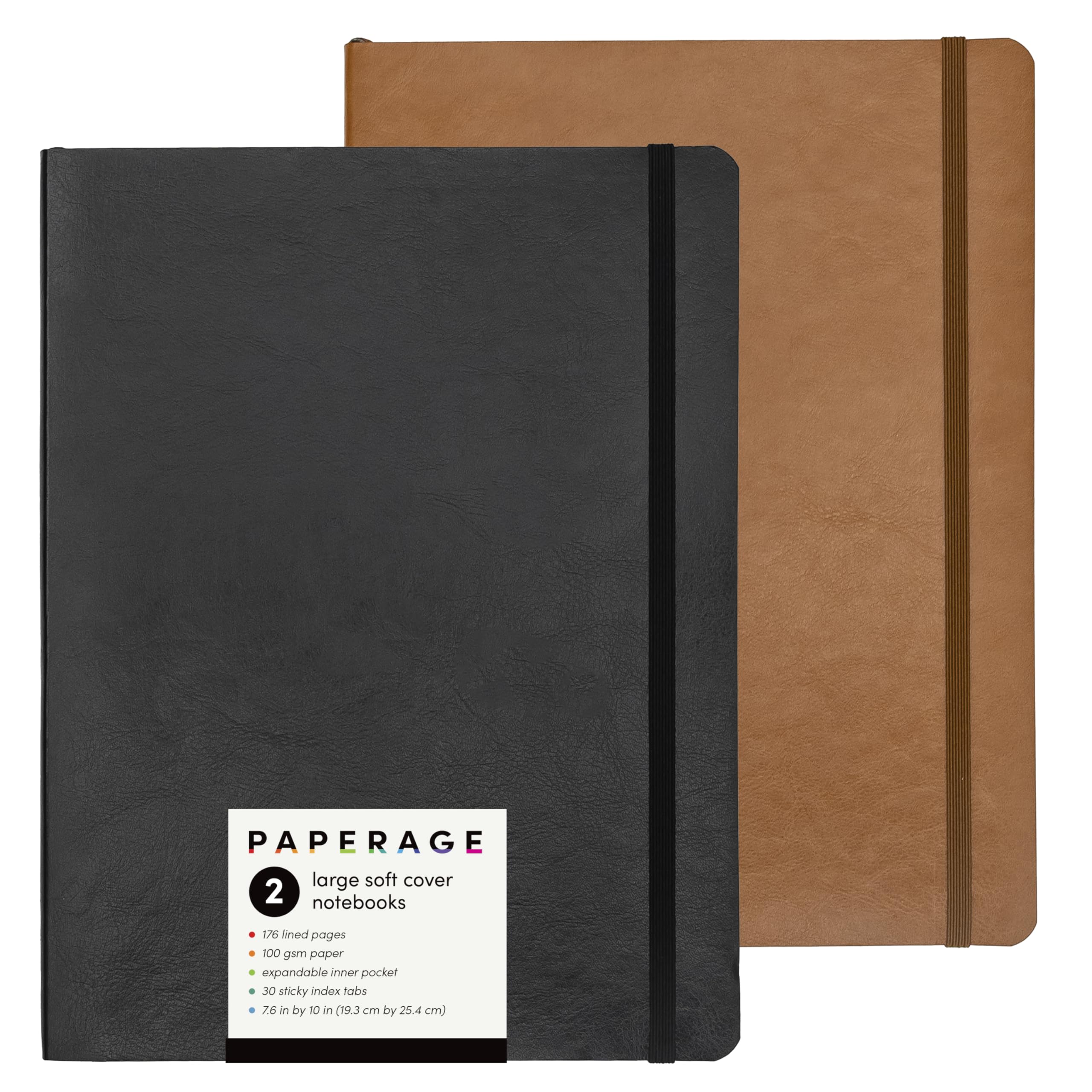 PAPERAGE 2-Pack Softcover Lined Journal Notebook (Black & Cognac), 176 Pages, Large B5 College Ruled Notebook, 7.6 inches x 10 inches - 100 GSM Thick