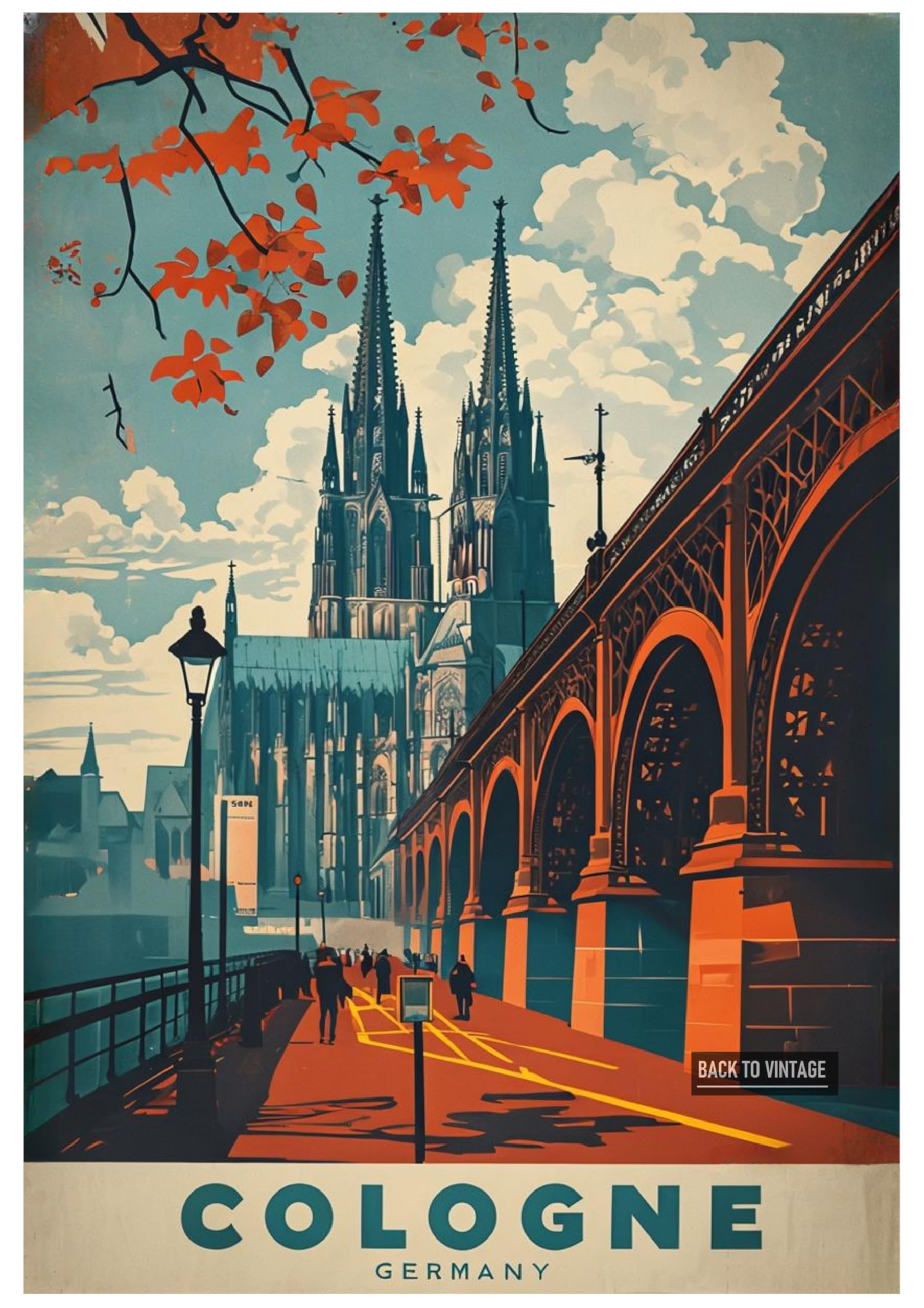 Vintage Travel Poster Of Cologne With Gothic Cathedral - Retro Europe Travel Poster A4 Size Vintage Wall Art Print of Famous European Destinations Ideal for Home or Office Decor