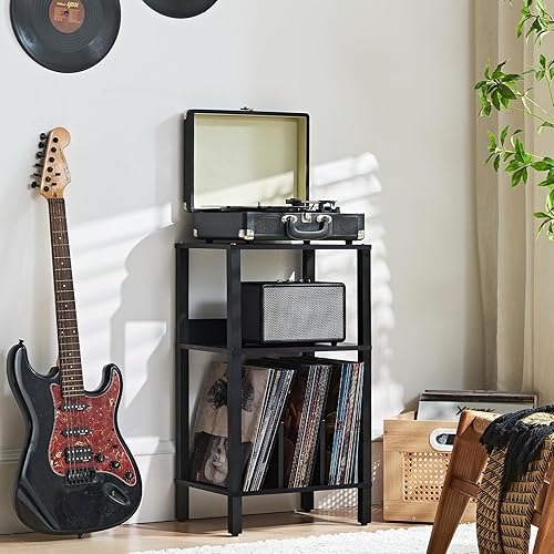 Miniatura 2 de LELELINKY - Soporte para tocadiscos, mesa de tres niveles con almacenamiento para vinilos hasta 100 álbumes, soporte para discos de vinilo, estante