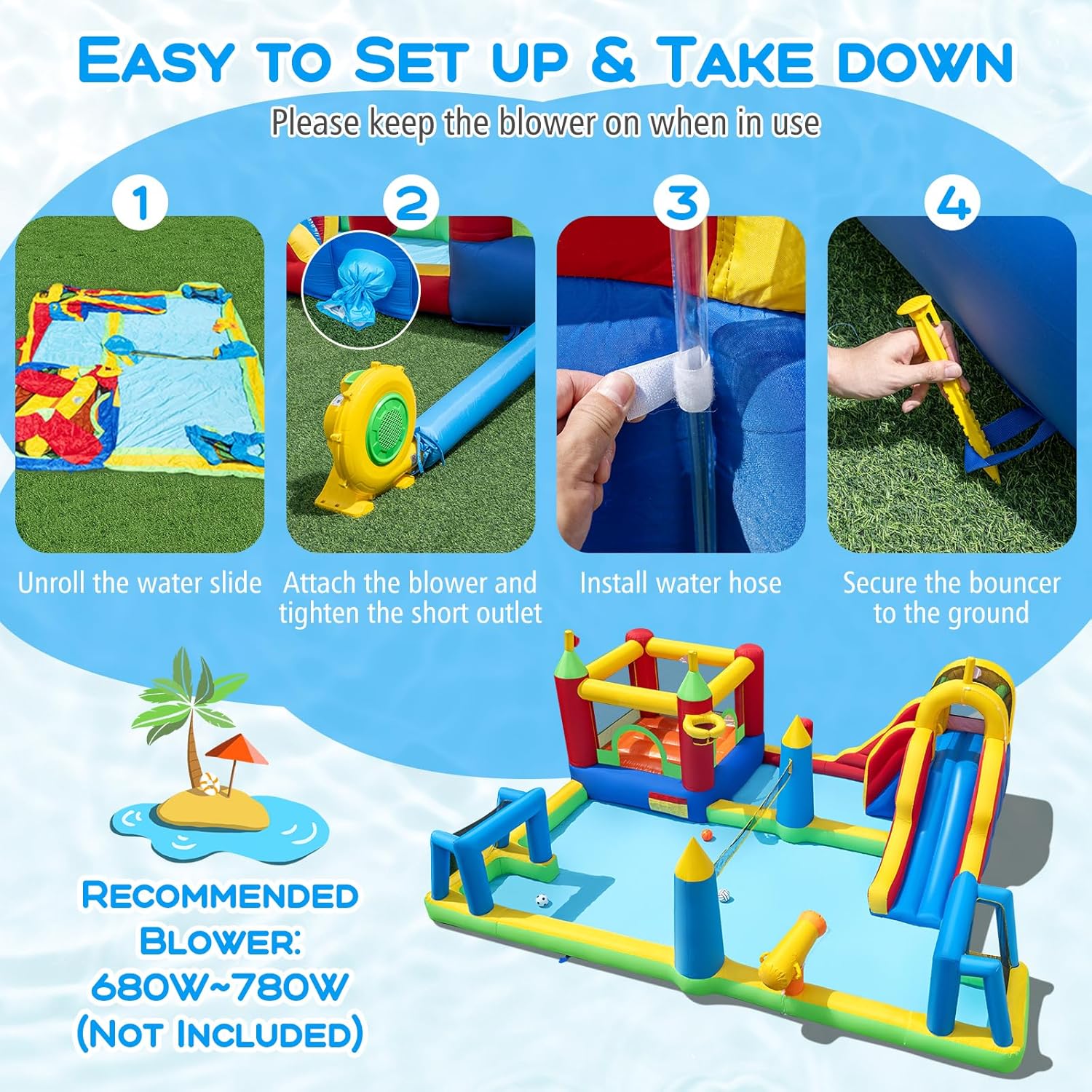 HONEY JOY Inflatable Water Slide & Bounce House Combo, Football/Volleyball/Basketball Area, Giant Splash Pool, 9 in 1 Outdoor Blow Up Bouncy Water Park for Backyard Party Gift(Without Blower)