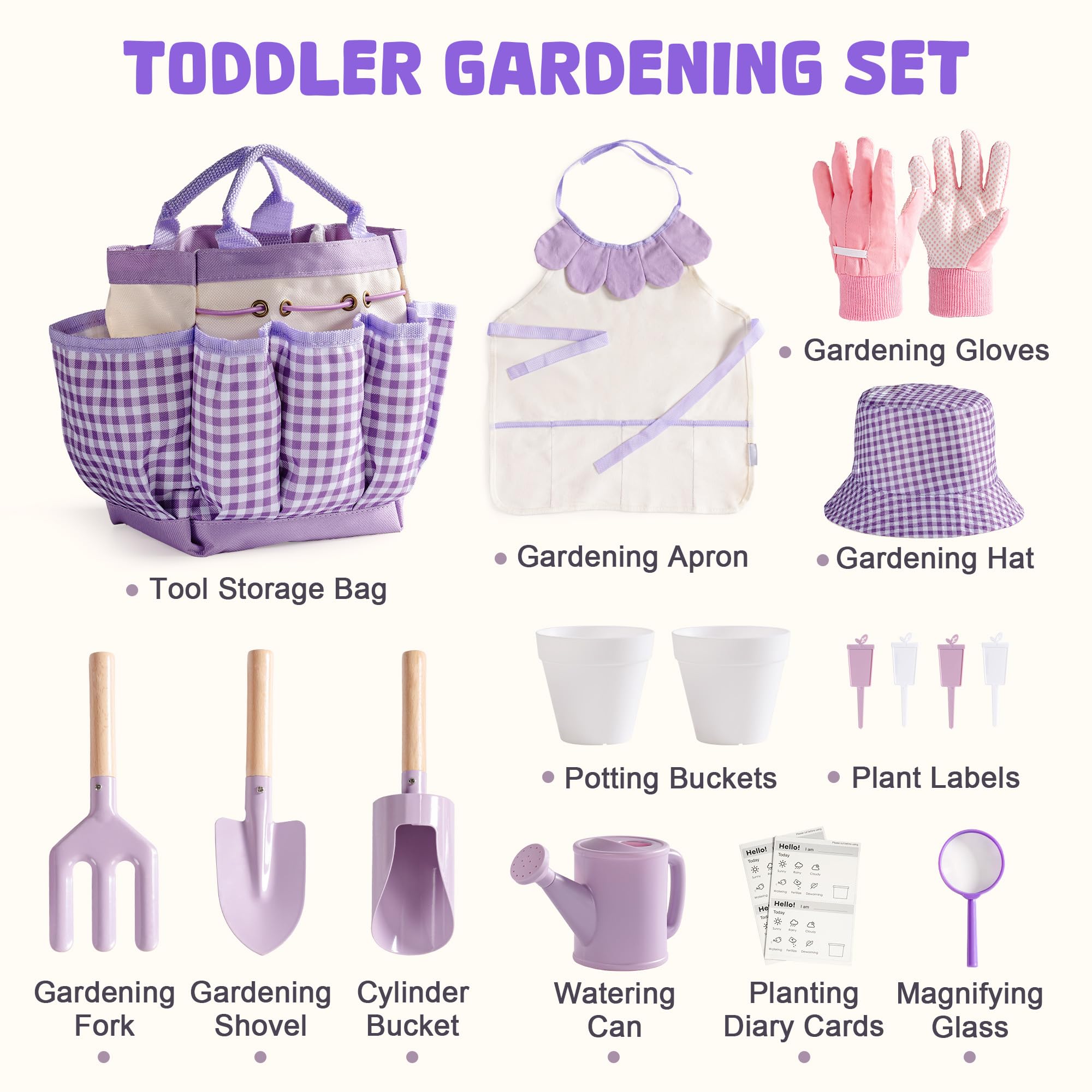 ROBOTIME Set di attrezzi da giardino per bambini, 18 pezzi, colore viola, per bambini con annaffiatoio, guanti, grembiule, cappello e borsa per ragazzi e ragazze dai 3 anni in su