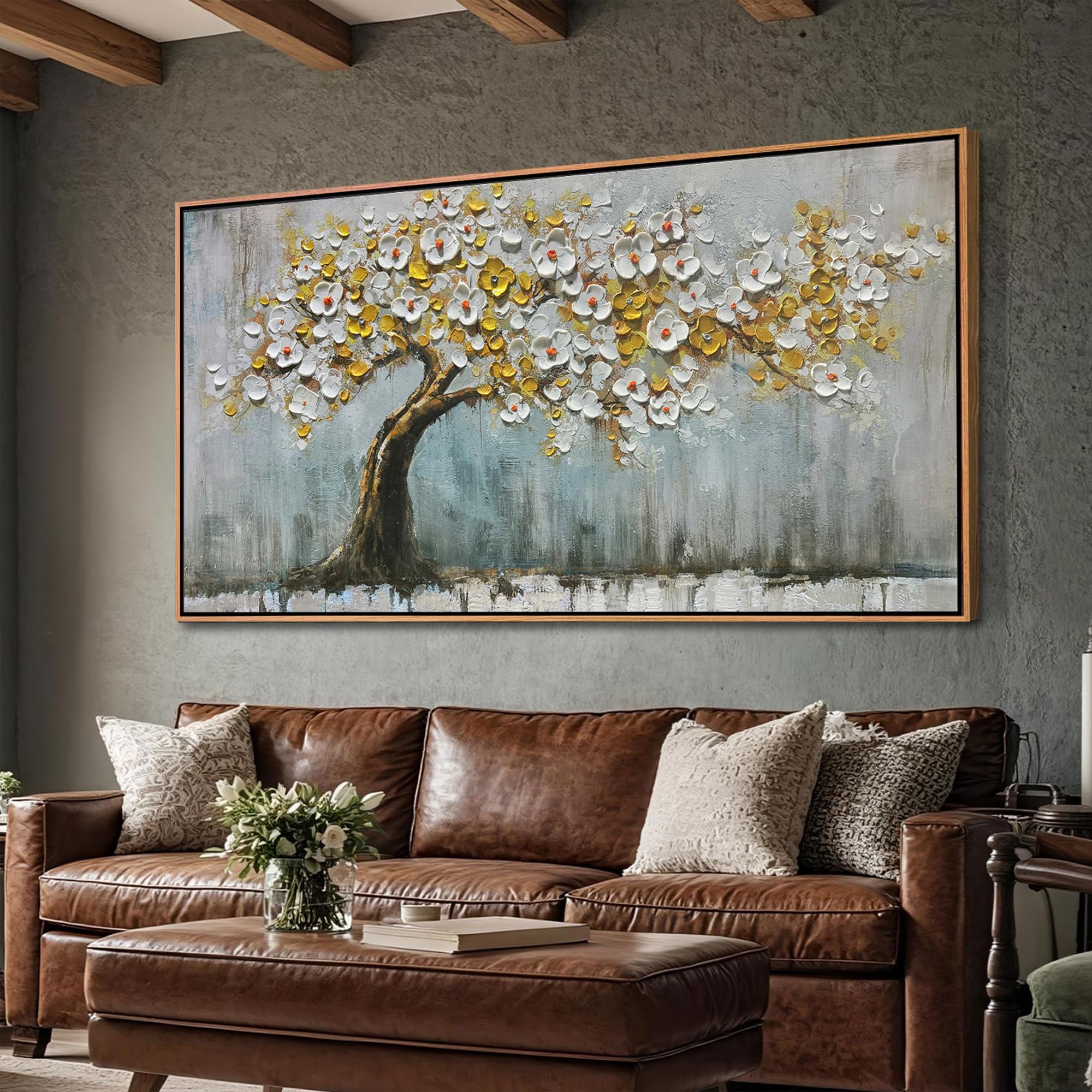 Photo 1 of Textured Tree of Life Painting Large Framed Canvas Wall Art for Living Room 48"x24", Bedroom Wall Decor, Tree Picture, Handmade Artwork for Dining Room Office Home Decoration