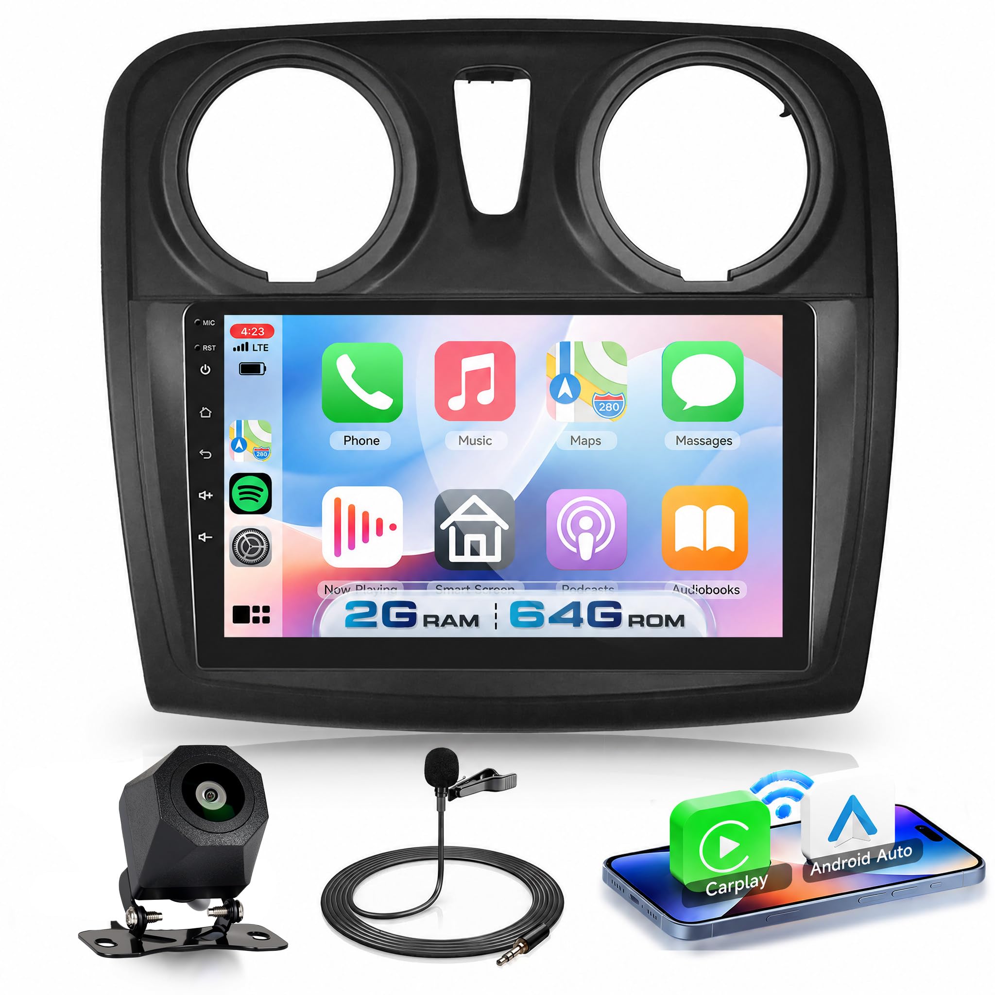VECHTEL Autoradio 2G+64G Android 15 per Renault Dacia Sandero 2 B52 2012-2019, 9'' IPS 1280*720P Schermo Tactile co 5G Wi-Fi GPS Carplay Android Auto senza Fili USB Bluetooth 5.0 EQ FM RDS Retrocamera