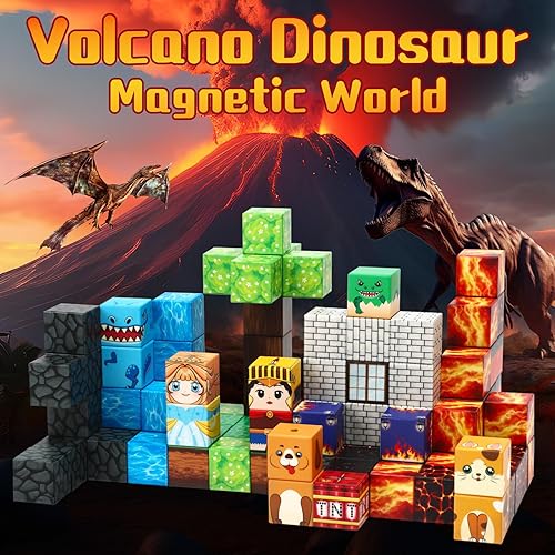 Miniatura 6 de Dinosaur Magnetic Blocks,Dino Volcano World Magnet Building Toys, Sensory Montessori Toys for STEM Learning, Toddler Gift for Boys & Girls Age 3-4