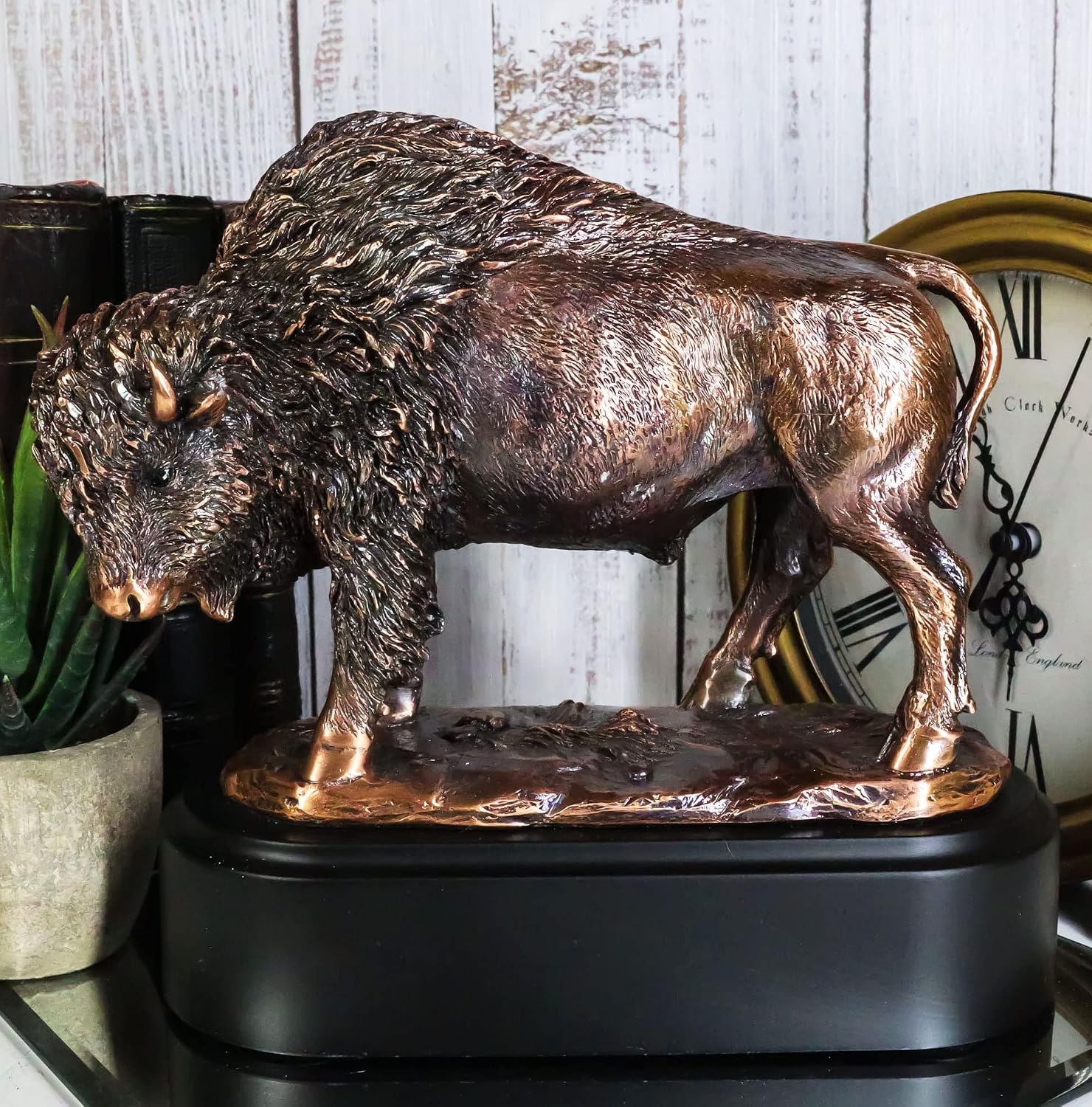Ebros Gift 7" H Southwestern Grazing American Bison Figurine in Electroplated Bronze Resin Finish with Black Trophy Base Sacred Native Buffalo Bull Western Desktop Shelf Decorative Statue