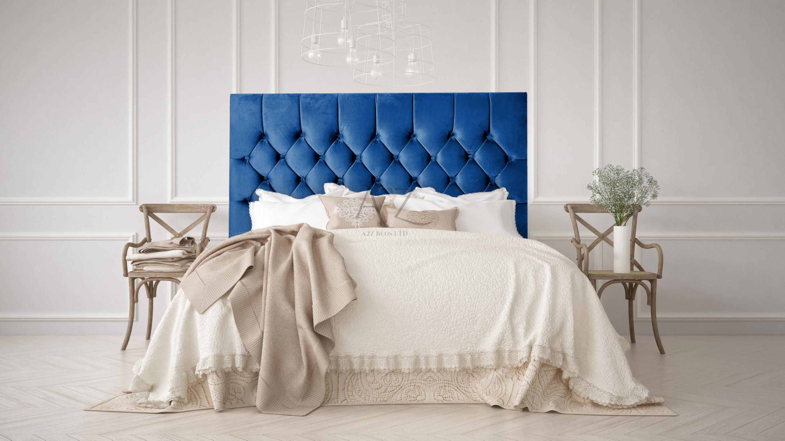Chesterfield 30" Headboard Plush Velvet 3FT-4FT-4FT6-5Ft-6FT (Blue, 6FT Superking)