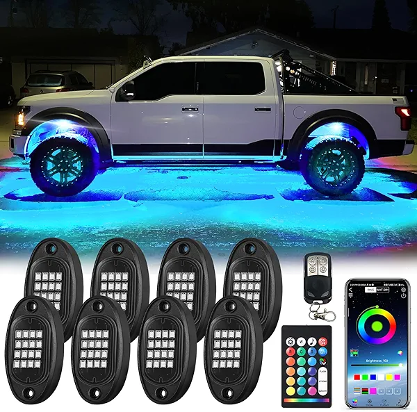 LD DARKEAGLE 8Pods RGB LED Rock Lights Kit with APP/RF Remote Control, Upgraded Underglow Light Multi Zone Bright Neon Exterior Lights Multicolor 12V Waterproof for Trucks Jeep UTV ATV Golf Cart