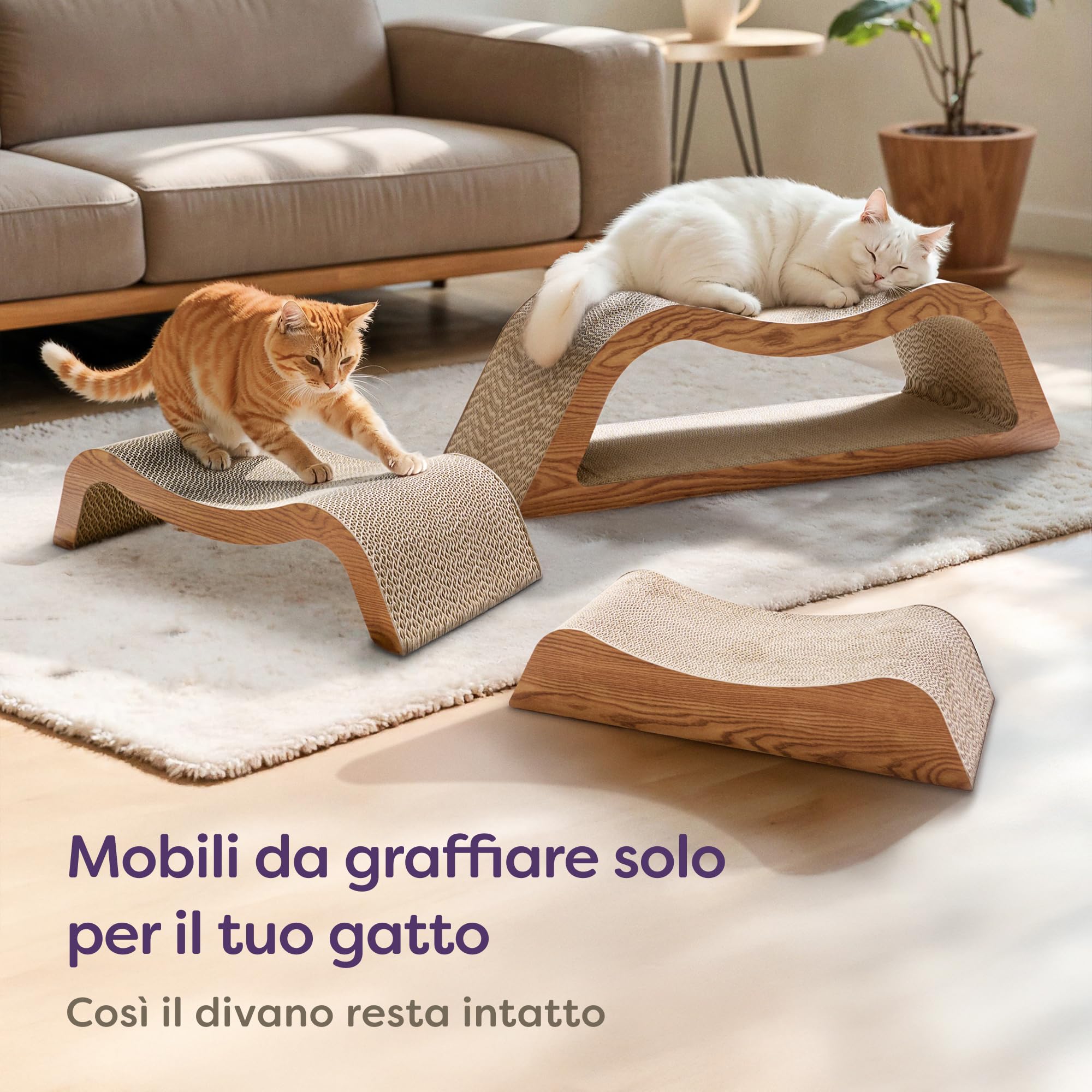 Knupis Tiragraffi Gatto 3 Pezzi XXL 75 cm – Cartone Resistente per Cura delle Unghie – Fino a 2 Anni di Utilizzo – Salvaspazio – Protegge Divani e Mobili (Cloud- Marrone)