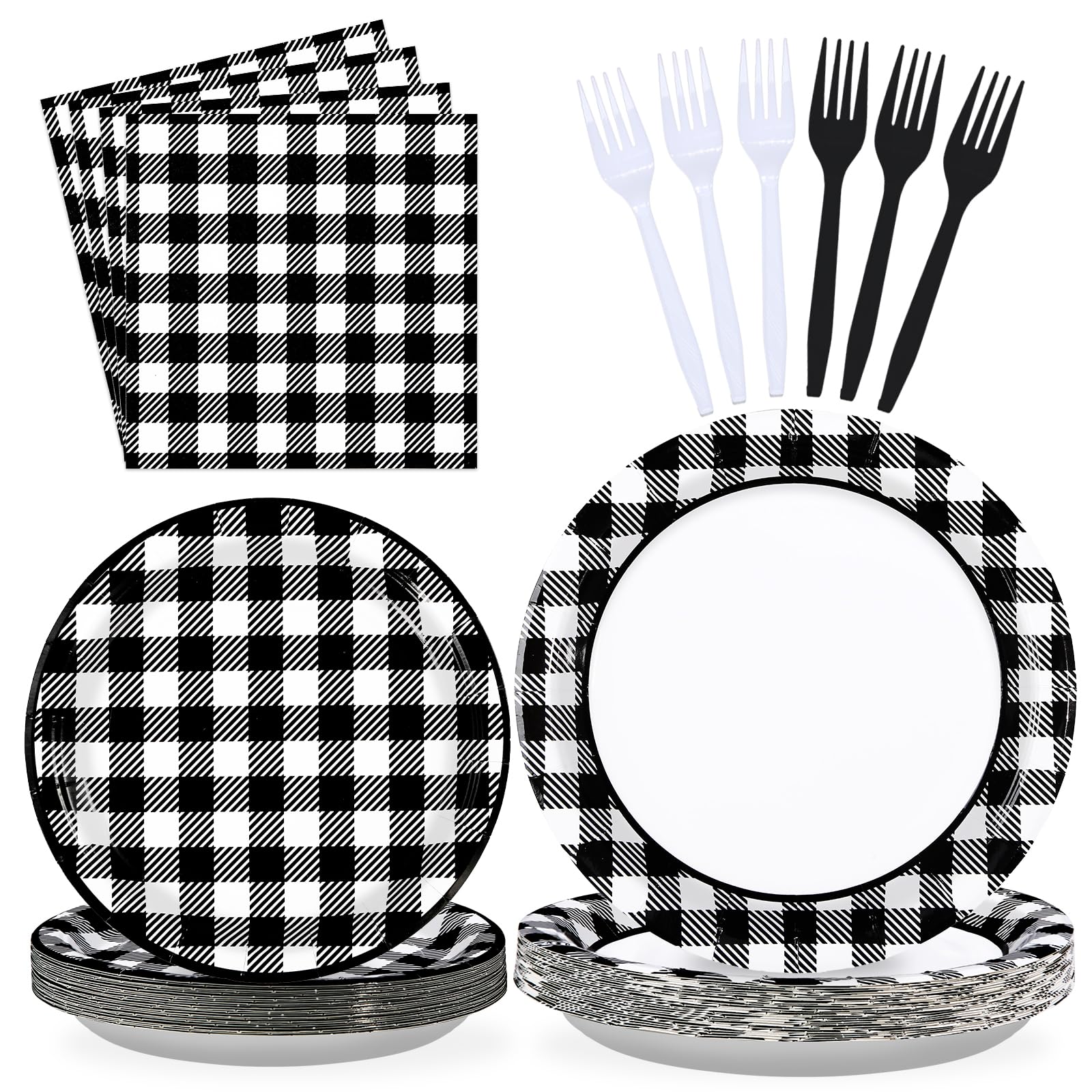 96 Pcs Black and White Gingham Party Supplies 350 GSM Disposable Black and White Buffalo Checked Paper Plates and Napkins Tableware Set for BBQ Picnic