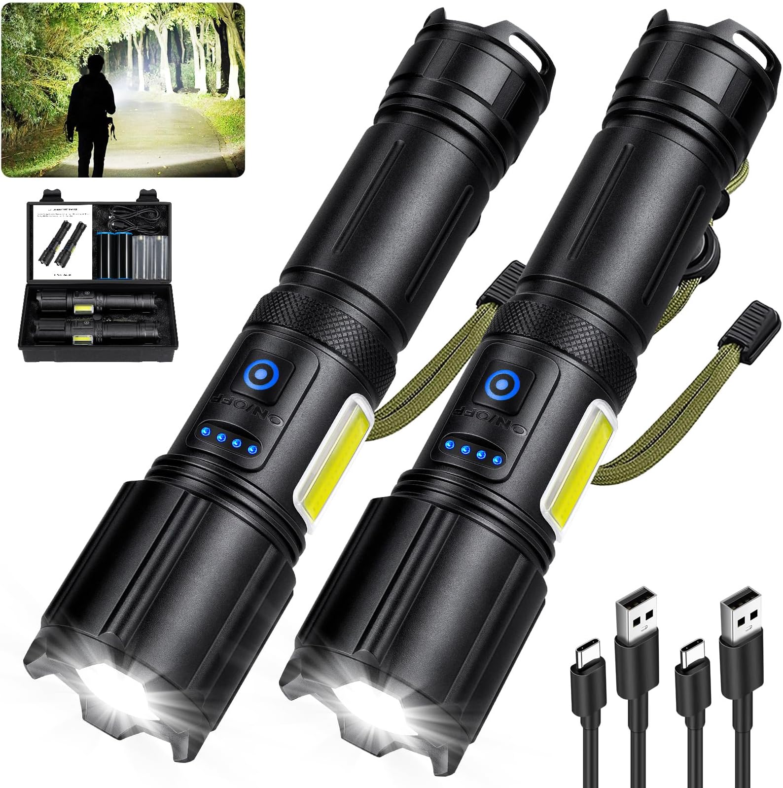 NiaoChao Rechargeable Flashlights High Lumens 2 Pack, Super Bright Flashlight Led Flash Light, 7 Modes with COB Work Light, IPX6 Waterproof for Outdoor Camping Hiking